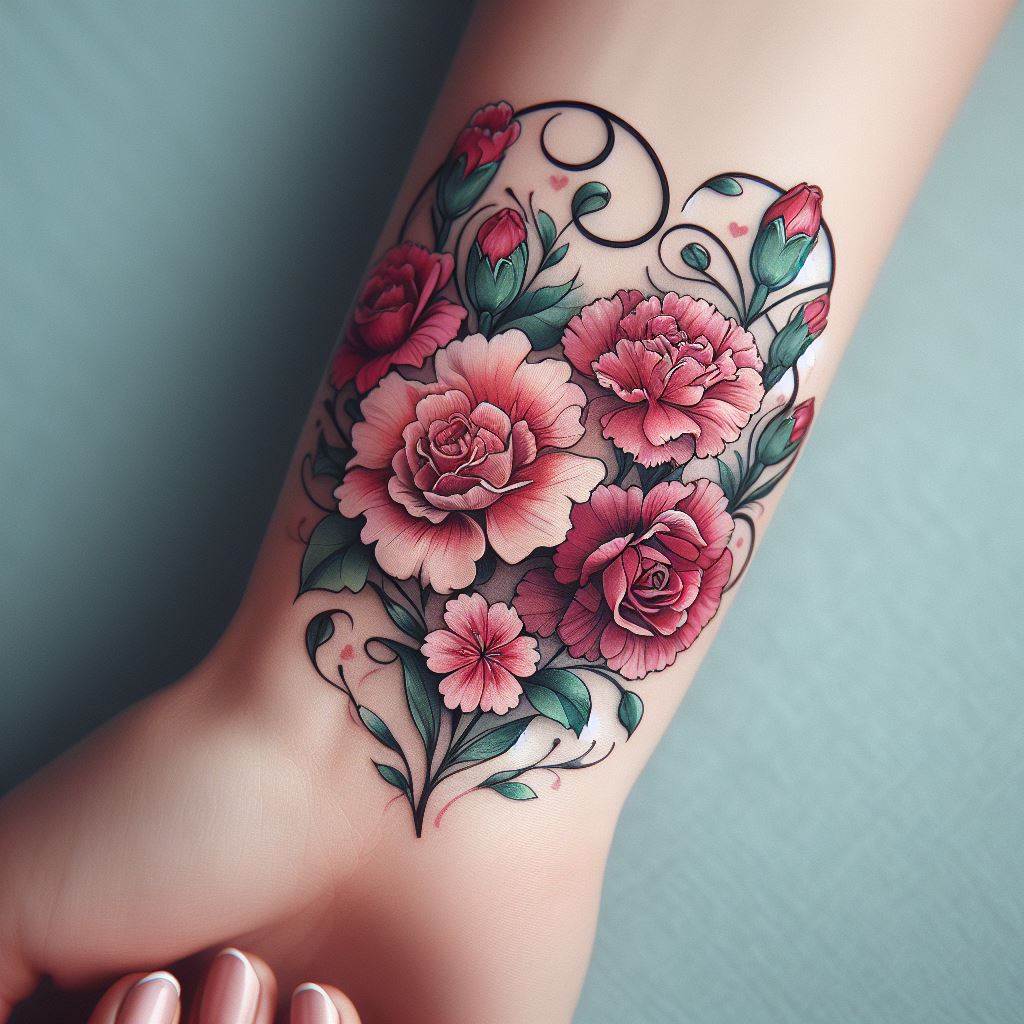 A delicate floral heart-shaped tattoo, intricately designed with various flowers symbolizing love and motherhood, such as roses for love and carnations for motherly affection. The tattoo is positioned elegantly around the wrist, wrapping softly with the flowers' stems intertwining to form the heart shape. The tattoo is in shades of pink, red, and green, highlighting the beauty and strength of a mother's love.