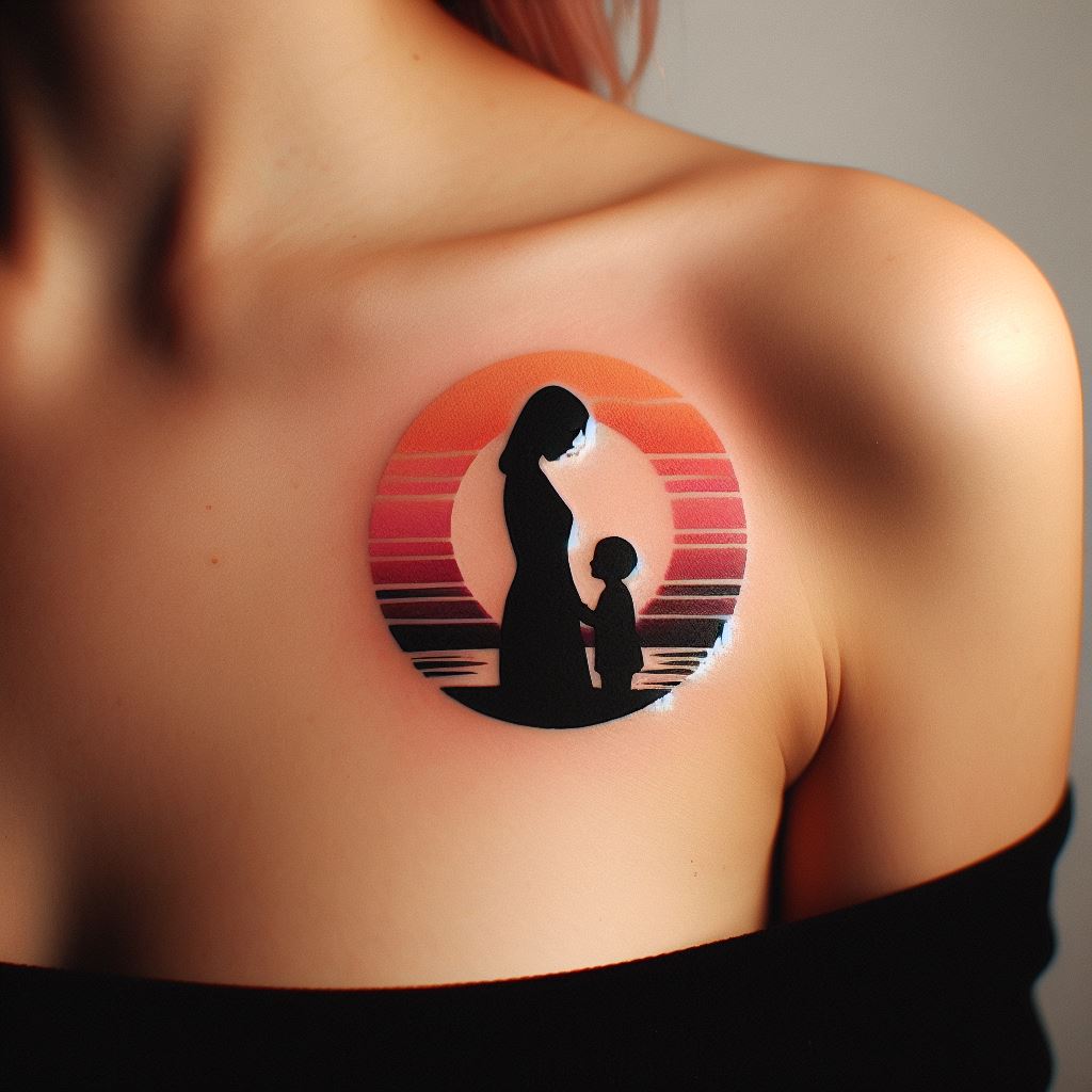 A minimalist tattoo featuring the silhouette of a mother holding a child's hand, set against a sunset background. The tattoo is located on the upper shoulder, symbolizing protection and guidance. The silhouette is outlined in black, with the sunset in soft oranges and purples, creating a serene and loving atmosphere.