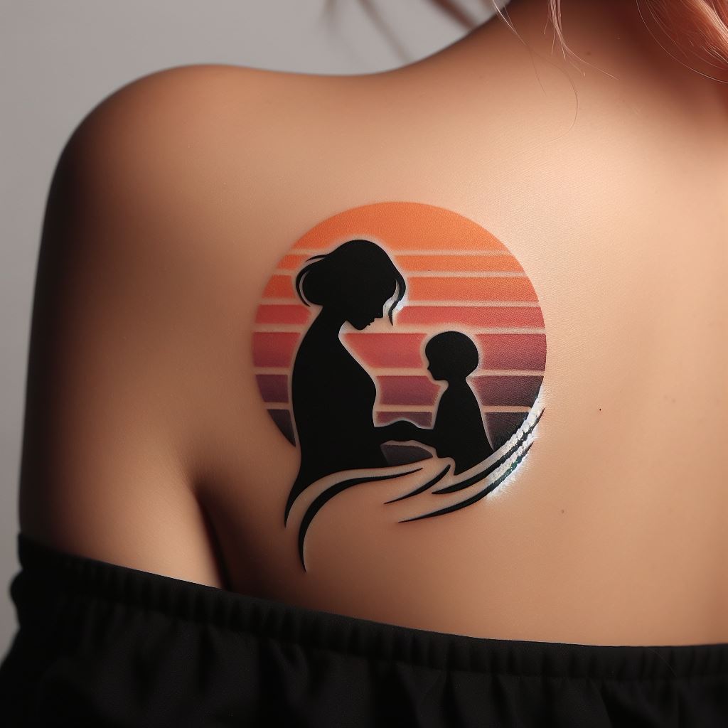 A minimalist tattoo featuring the silhouette of a mother holding a child's hand, set against a sunset background. The tattoo is located on the upper shoulder, symbolizing protection and guidance. The silhouette is outlined in black, with the sunset in soft oranges and purples, creating a serene and loving atmosphere.