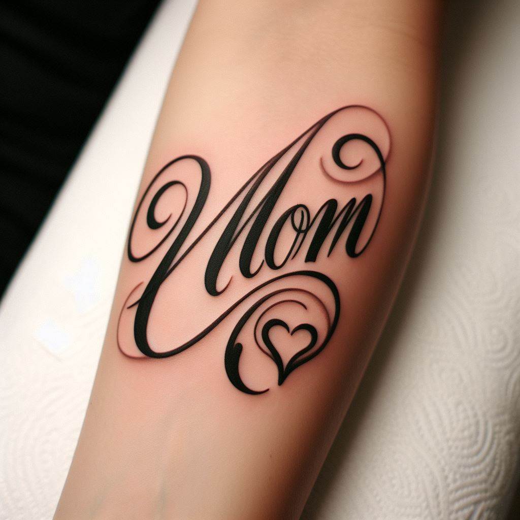 A classic tattoo that reads 'Mom' in elegant, flowing script font, adorned with a small, simple heart at the end. The tattoo is positioned on the forearm, making it a visible and proud declaration of love for one's mother. The script is in black ink, with the heart filled in red, combining tradition and affection in a timeless design.