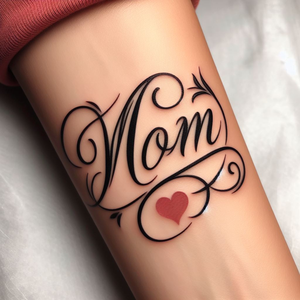 A classic tattoo that reads 'Mom' in elegant, flowing script font, adorned with a small, simple heart at the end. The tattoo is positioned on the forearm, making it a visible and proud declaration of love for one's mother. The script is in black ink, with the heart filled in red, combining tradition and affection in a timeless design.