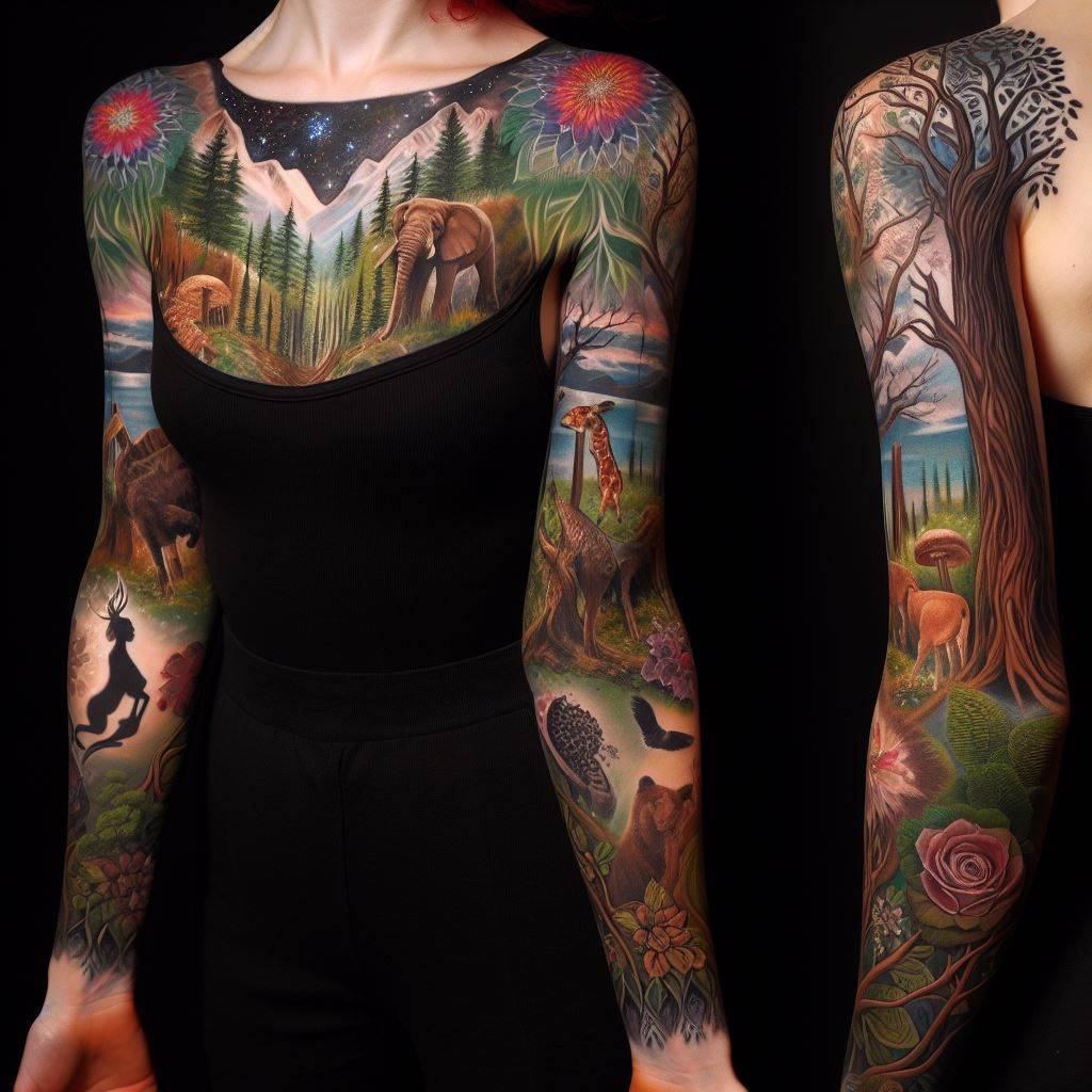 A sleeve tattoo inspired by Mother Nature, incorporating elements such as trees, flowers, and animals, each representing different aspects of motherhood such as strength, growth, and nurture. The tattoo covers the arm from shoulder to wrist, with each element blending seamlessly into the next. The design is rich in color, with greens, browns, and pops of floral colors, creating a vibrant tribute to the essence of motherhood and the natural world.