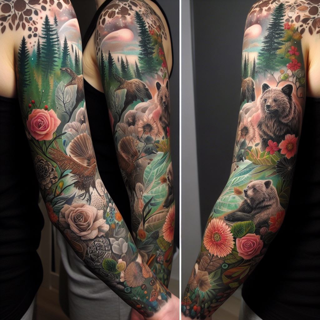 A sleeve tattoo inspired by Mother Nature, incorporating elements such as trees, flowers, and animals, each representing different aspects of motherhood such as strength, growth, and nurture. The tattoo covers the arm from shoulder to wrist, with each element blending seamlessly into the next. The design is rich in color, with greens, browns, and pops of floral colors, creating a vibrant tribute to the essence of motherhood and the natural world.