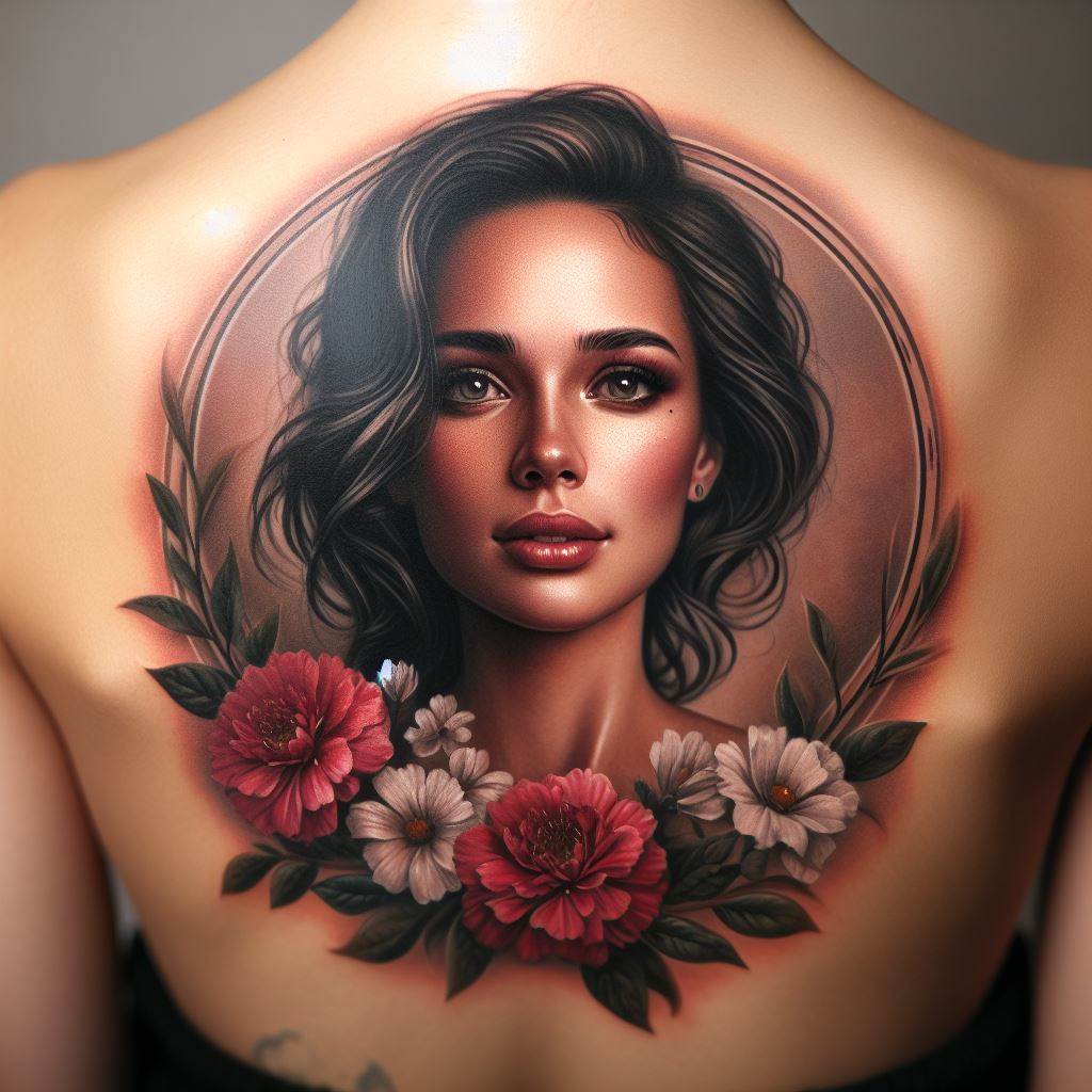 A realistic portrait tattoo of a mother, capturing her warmth and strength, placed on the upper back. The portrait is detailed and lifelike, surrounded by a frame of her favorite flowers, symbolizing her beauty and resilience. The tattoo pays homage to the wearer's mother, serving as a permanent reminder of her influence and love.