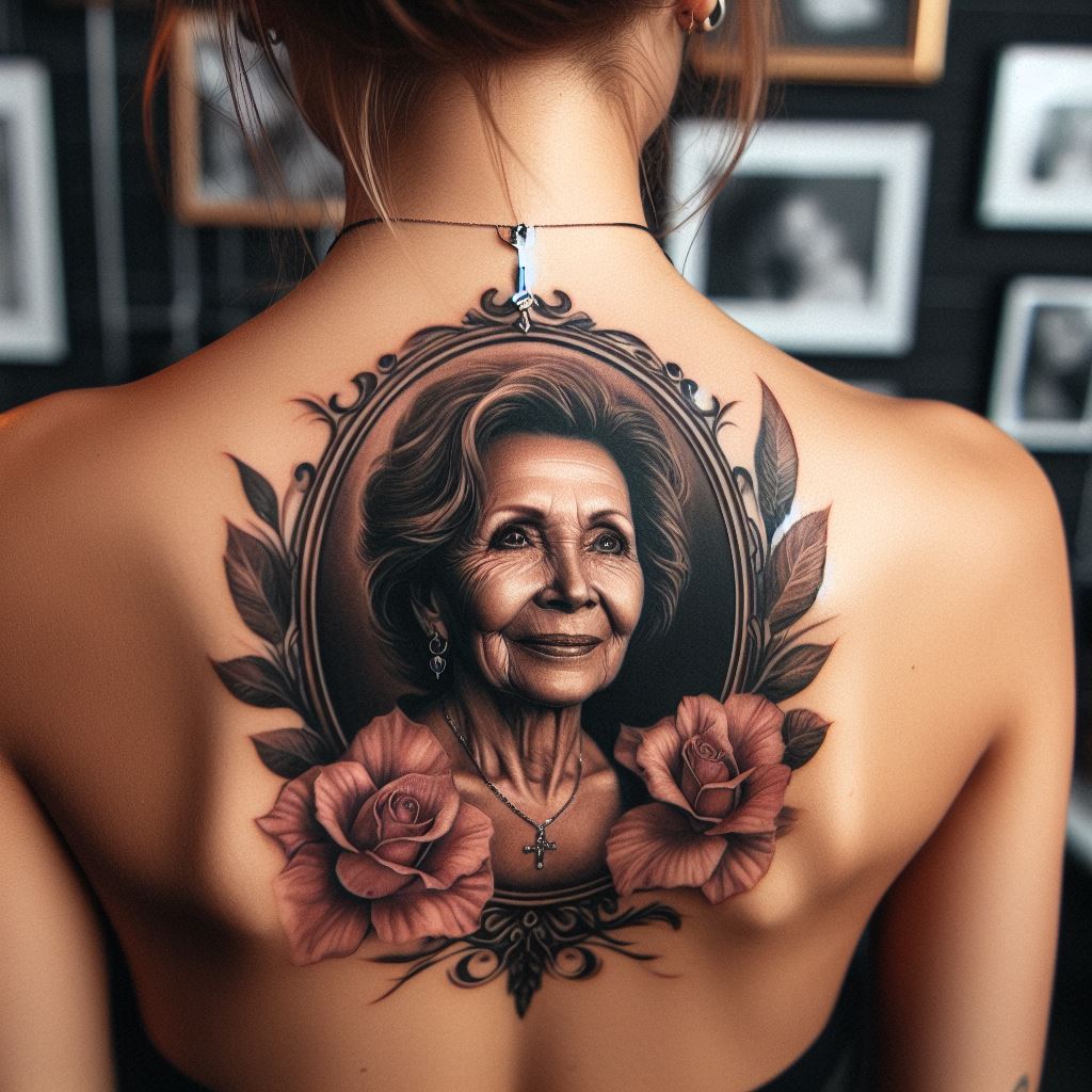 A realistic portrait tattoo of a mother, capturing her warmth and strength, placed on the upper back. The portrait is detailed and lifelike, surrounded by a frame of her favorite flowers, symbolizing her beauty and resilience. The tattoo pays homage to the wearer's mother, serving as a permanent reminder of her influence and love.