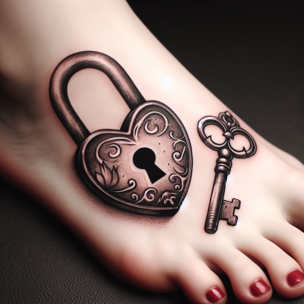 A symbolic tattoo featuring a vintage lock with a heart-shaped hole, paired with a delicate key, representing a mother's ability to unlock the best in us. This tattoo is positioned on the side of the foot, symbolizing the step-by-step journey taken with a mother's guidance. The design includes intricate details on the lock and key, with soft shading in black and gray, adding a touch of elegance and mystery.