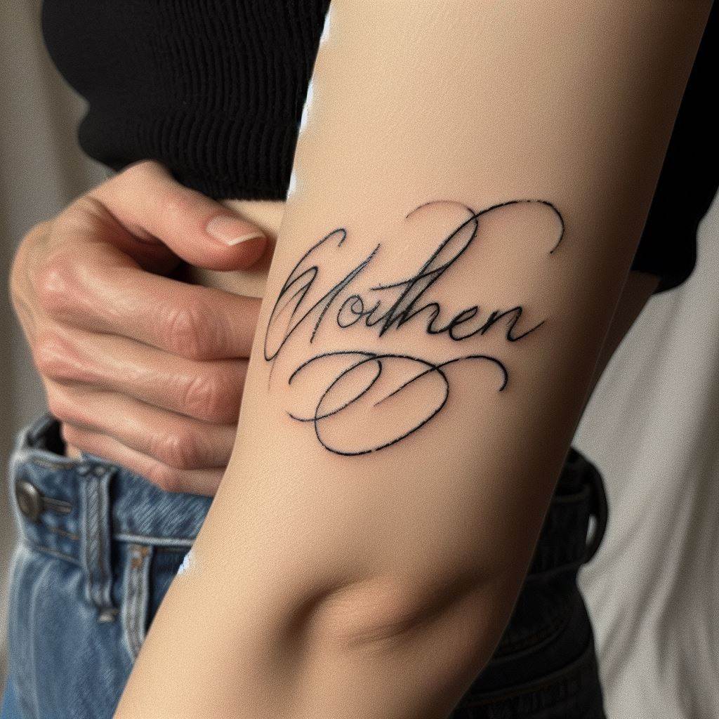 A sentimental tattoo that captures a short, loving message or a name written in a mother's own handwriting, placed on the inner arm. This personal tattoo serves as a constant reminder of a mother's love and presence. The handwriting is replicated exactly, preserving its uniqueness, with the ink in classic black for a timeless and intimate connection.