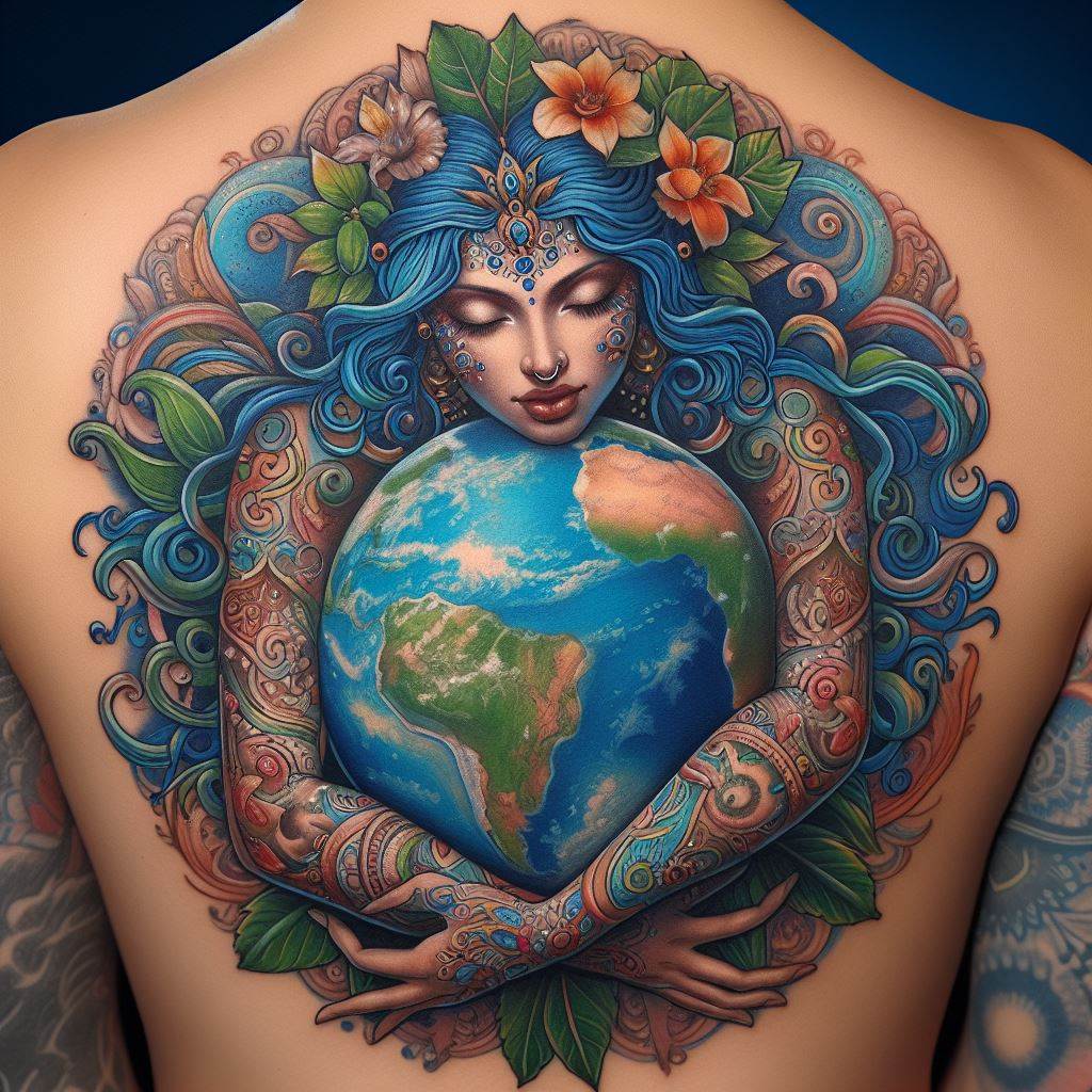 An elaborate tattoo depicting Mother Earth as a goddess, cradling the planet in her arms, located on the wearer's back. This tattoo symbolizes nurturing, life, and the unconditional love of a mother. The goddess is adorned with elements of nature, such as leaves and flowers in her hair, and the Earth is depicted in vibrant blues and greens. The design is detailed and colorful, embodying the strength and beauty of motherhood and nature.