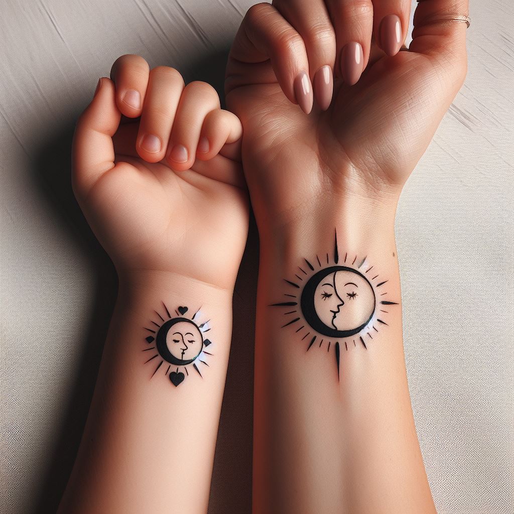 Matching tattoos for a mother and her daughter or son, featuring a simple yet profound symbol like a sun and moon, stars, or intertwined hearts. These tattoos are placed on the wrists, facing each other to symbolize their connection and mutual support. The design is minimalist, using clean lines in black ink, allowing the powerful bond between mother and child to shine through in simplicity.