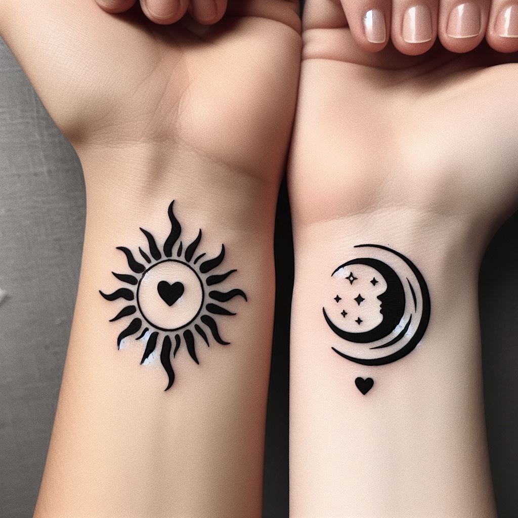 Matching tattoos for a mother and her daughter or son, featuring a simple yet profound symbol like a sun and moon, stars, or intertwined hearts. These tattoos are placed on the wrists, facing each other to symbolize their connection and mutual support. The design is minimalist, using clean lines in black ink, allowing the powerful bond between mother and child to shine through in simplicity.