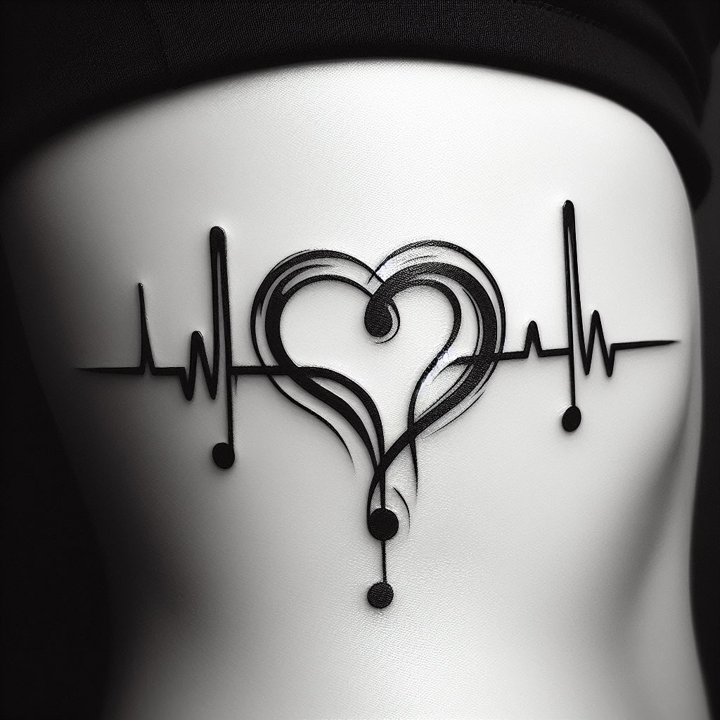 A unique tattoo that combines a line of musical notes forming a heartbeat rhythm, leading to a heart shape, symbolizing a mother's love for music and her heart beating with love for her children. This tattoo is located on the side rib, close to the heart, signifying the deep and personal connection shared through music. The design is sleek and rhythmic, with the musical notes and heartbeat line in black ink, creating a visual melody on the skin.