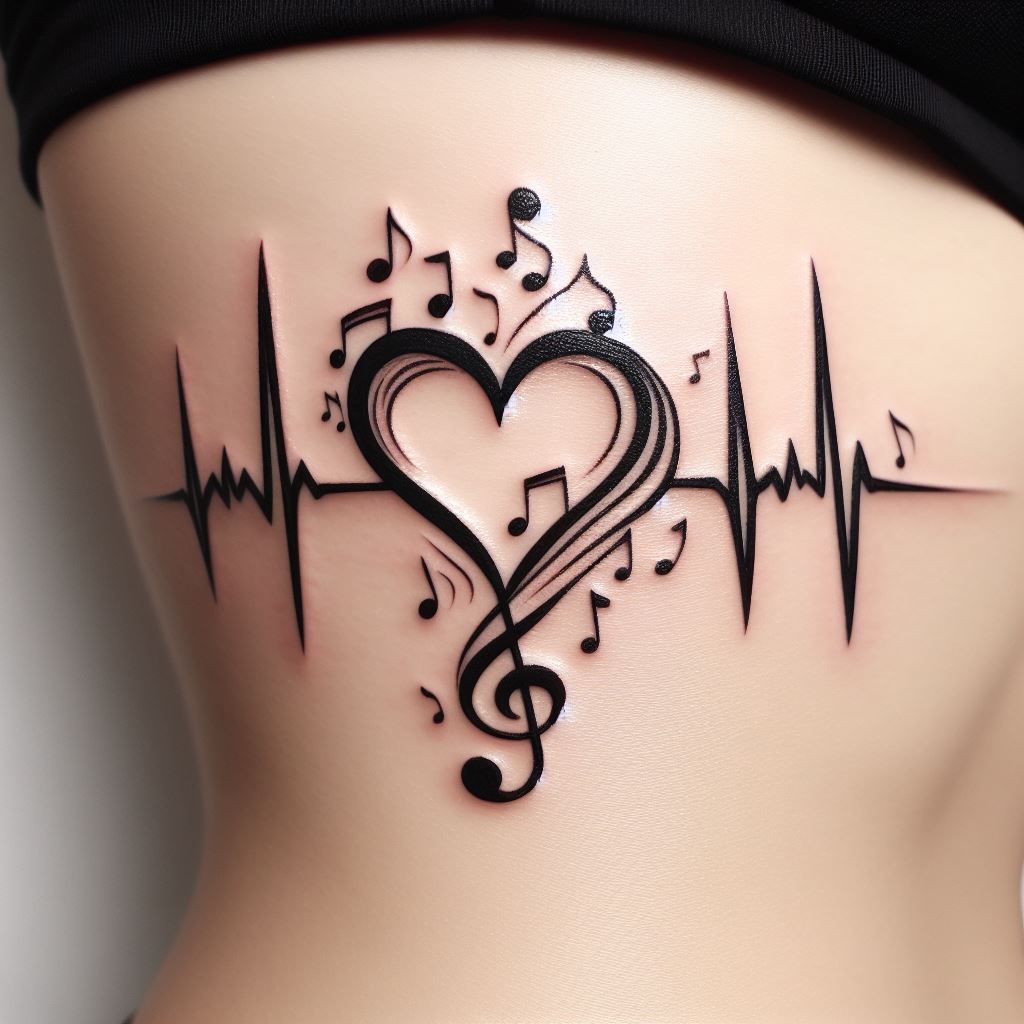 A unique tattoo that combines a line of musical notes forming a heartbeat rhythm, leading to a heart shape, symbolizing a mother's love for music and her heart beating with love for her children. This tattoo is located on the side rib, close to the heart, signifying the deep and personal connection shared through music. The design is sleek and rhythmic, with the musical notes and heartbeat line in black ink, creating a visual melody on the skin.