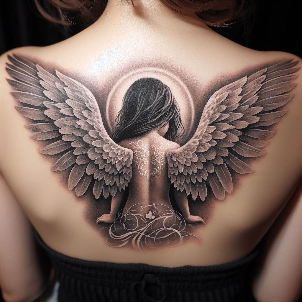 A tattoo depicting a guardian angel with delicate, outstretched wings, watching over protectively. This angel represents a mother's eternal guidance and protection. The tattoo spans the upper back, with the wings extending across the shoulder blades. The angel is detailed in a soft, ethereal style, with subtle shading in grays and whites, emphasizing the angelic and protective nature of a mother's love.