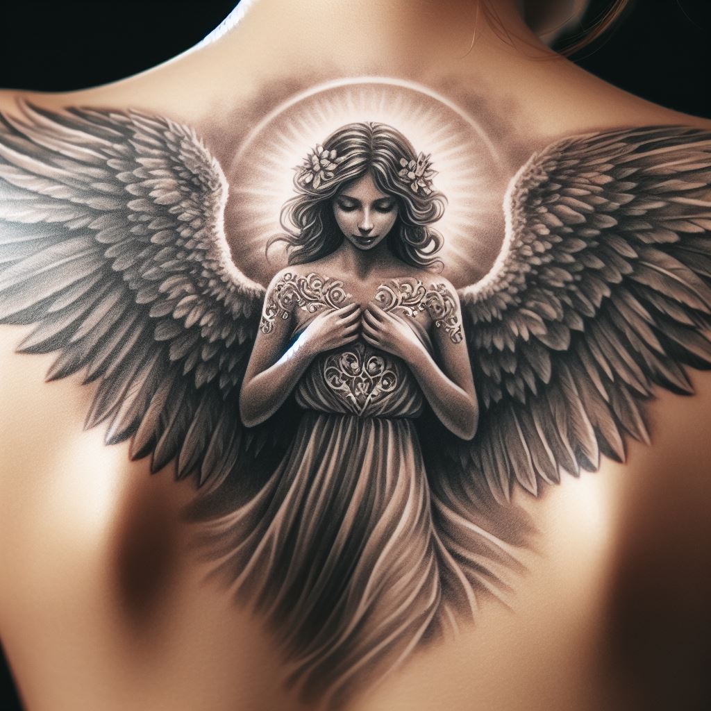 A tattoo depicting a guardian angel with delicate, outstretched wings, watching over protectively. This angel represents a mother's eternal guidance and protection. The tattoo spans the upper back, with the wings extending across the shoulder blades. The angel is detailed in a soft, ethereal style, with subtle shading in grays and whites, emphasizing the angelic and protective nature of a mother's love.