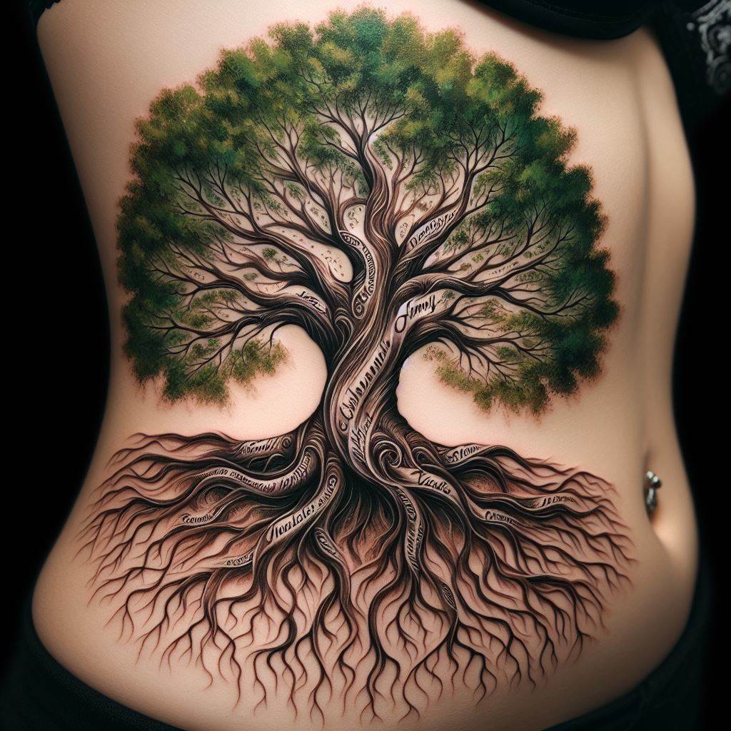 A tattoo of a robust, sprawling tree whose roots and branches are intricately detailed, symbolizing the family's growth and connection through generations, with a mother's love as the foundation. This family tree tattoo is located on the side torso, stretching from the ribs towards the hip. Each branch can bear the initials or names of family members, intertwined within the tree's leaves, rendered in vibrant greens and earth tones to represent life and vitality.