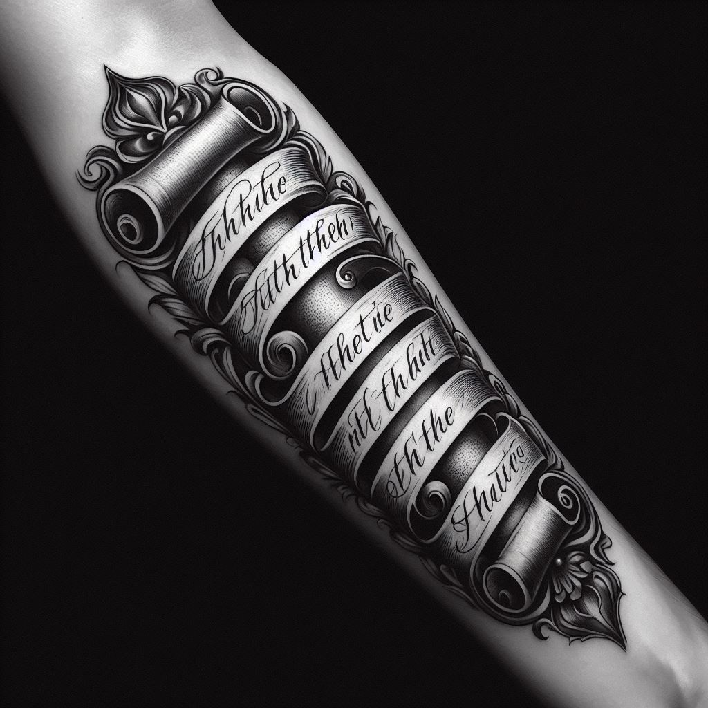 An elegant, old-fashioned scroll tattoo that unfurls across the forearm, featuring a beloved quote or saying from the wearer's mother in a classic script. This tattoo symbolizes the wisdom and teachings passed down from mother to child, immortalized in ink. The scroll is detailed with fine lines and shading to give it a vintage look, while the quote is highlighted in clear, flowing script, creating a personal and meaningful tribute.