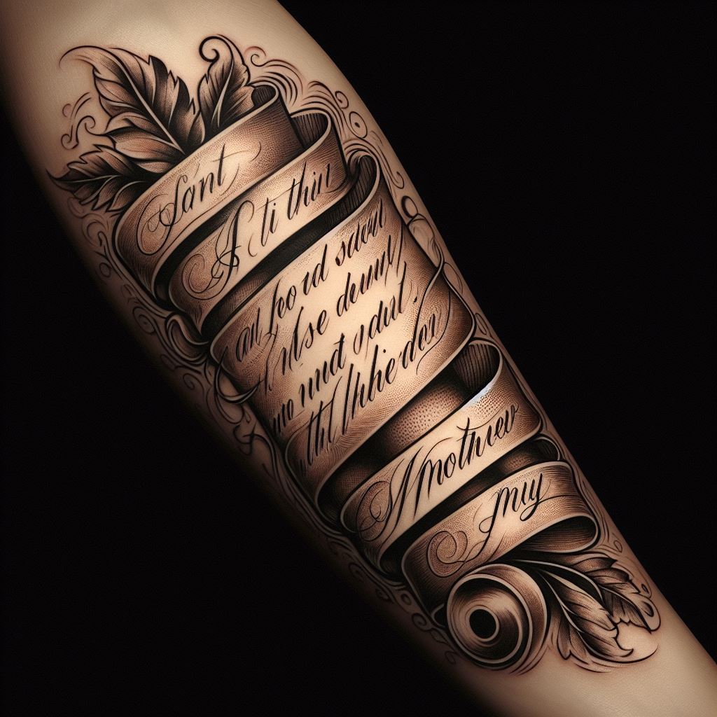 An elegant, old-fashioned scroll tattoo that unfurls across the forearm, featuring a beloved quote or saying from the wearer's mother in a classic script. This tattoo symbolizes the wisdom and teachings passed down from mother to child, immortalized in ink. The scroll is detailed with fine lines and shading to give it a vintage look, while the quote is highlighted in clear, flowing script, creating a personal and meaningful tribute.
