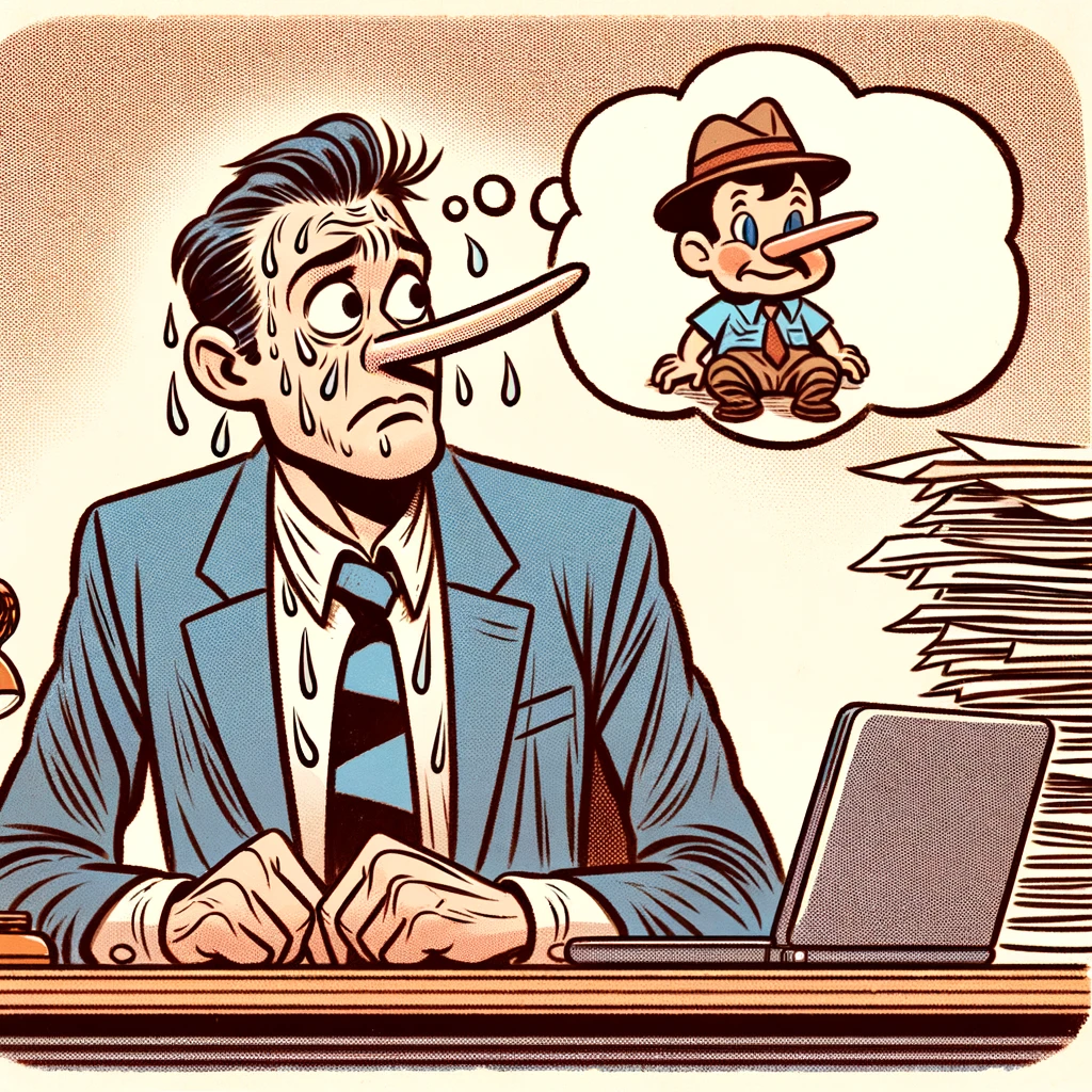 A cartoon-style image of a man in a business suit sitting at a desk, surrounded by papers and a laptop, sweating nervously as he looks over his shoulder. Above his head is a thought bubble with a Pinocchio nose, indicating he is lying. The caption reads: "When you said the report was done, but you haven't even started."