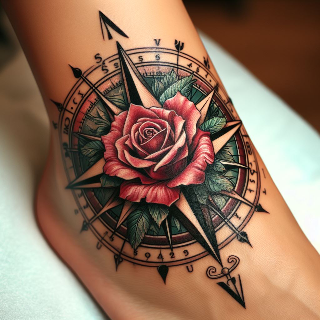 A detailed compass tattoo with a rose at its center, located on the ankle, symbolizing a mother's role as a guide and nurturer through the journey of life. The compass points are intricately designed, with the rose in full bloom, representing love and beauty. The tattoo combines elements of adventure and affection, rendered in crisp lines and a palette of reds, greens, and blacks, highlighting the direction and support a mother provides.