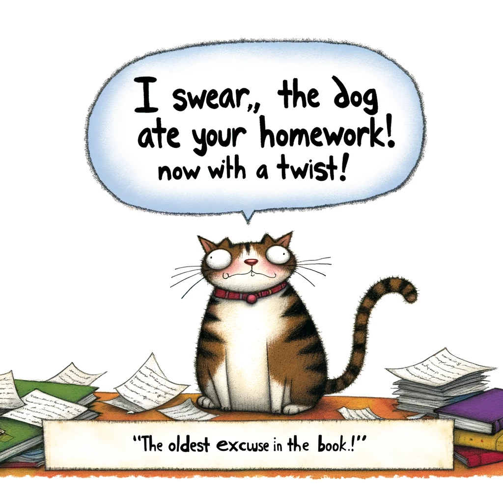 A whimsical illustration of a cat sitting on a pile of homework, looking guilty, with papers scattered around. Above the cat's head is a speech bubble that says, "I swear, the dog ate your homework!" The caption reads: "The oldest excuse in the book, now with a twist."