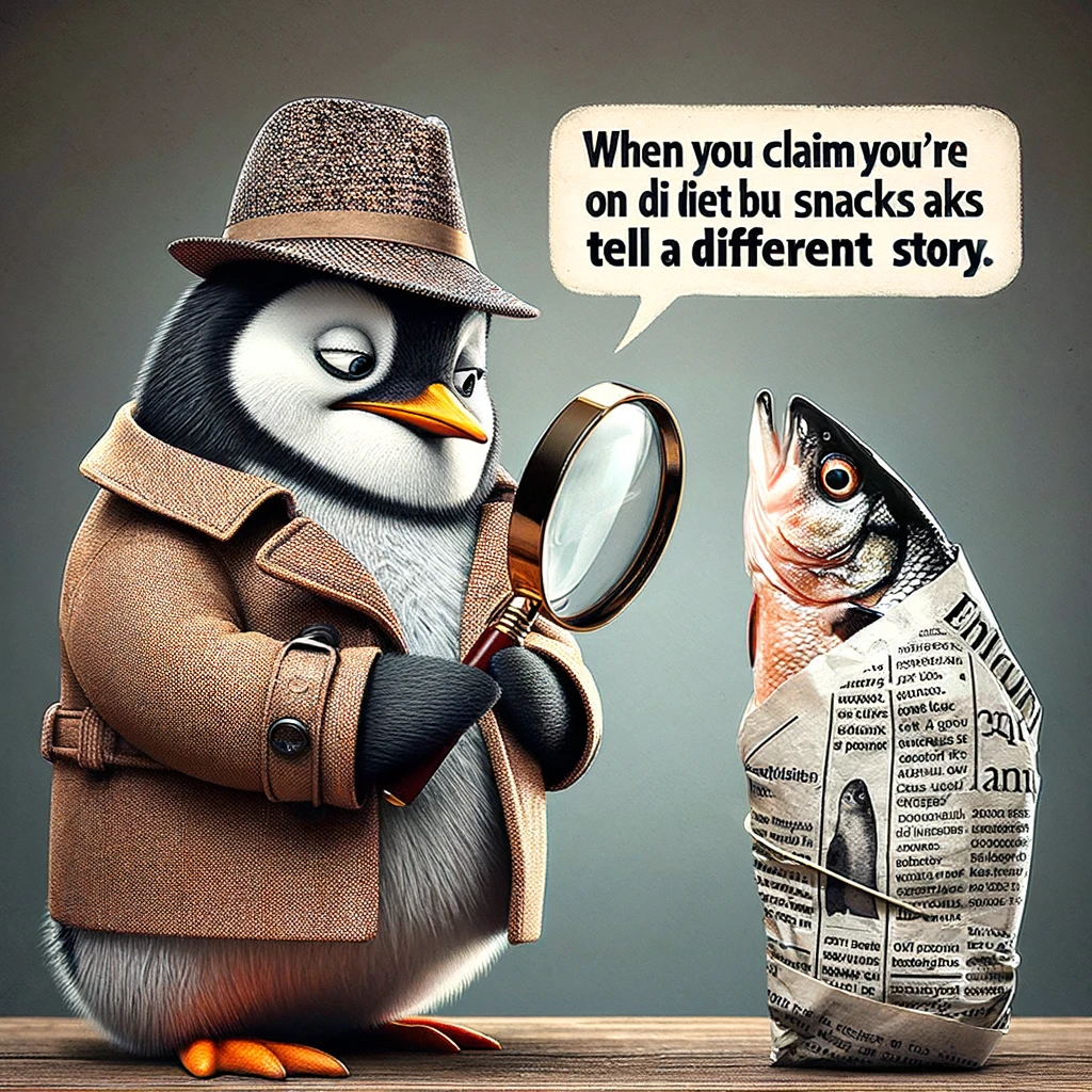 A humorous image of a penguin in a detective outfit, holding a magnifying glass, looking skeptically at a fish wrapped in a newspaper. The caption reads: "When you claim you're on a diet but your snacks tell a different story."