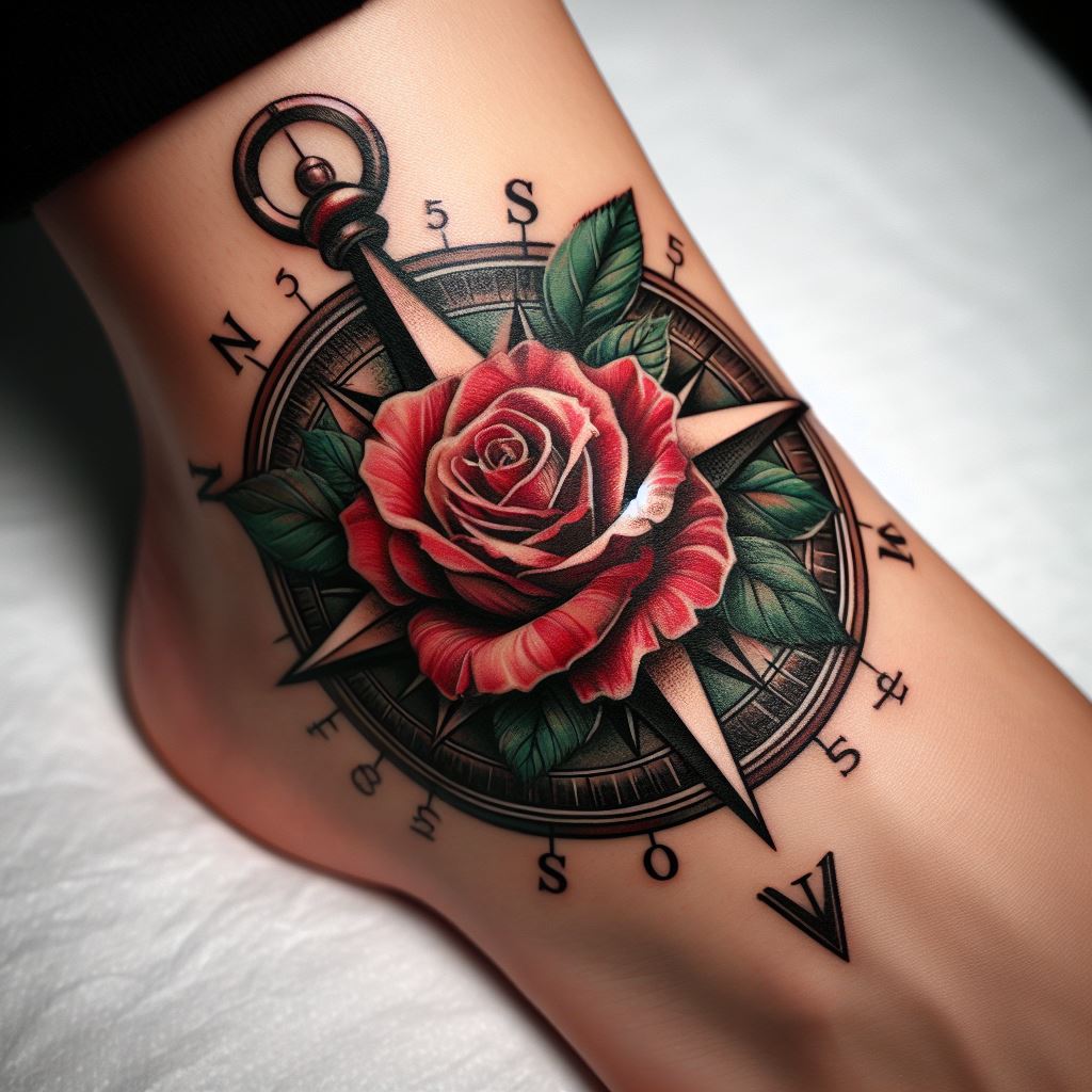 A detailed compass tattoo with a rose at its center, located on the ankle, symbolizing a mother's role as a guide and nurturer through the journey of life. The compass points are intricately designed, with the rose in full bloom, representing love and beauty. The tattoo combines elements of adventure and affection, rendered in crisp lines and a palette of reds, greens, and blacks, highlighting the direction and support a mother provides.