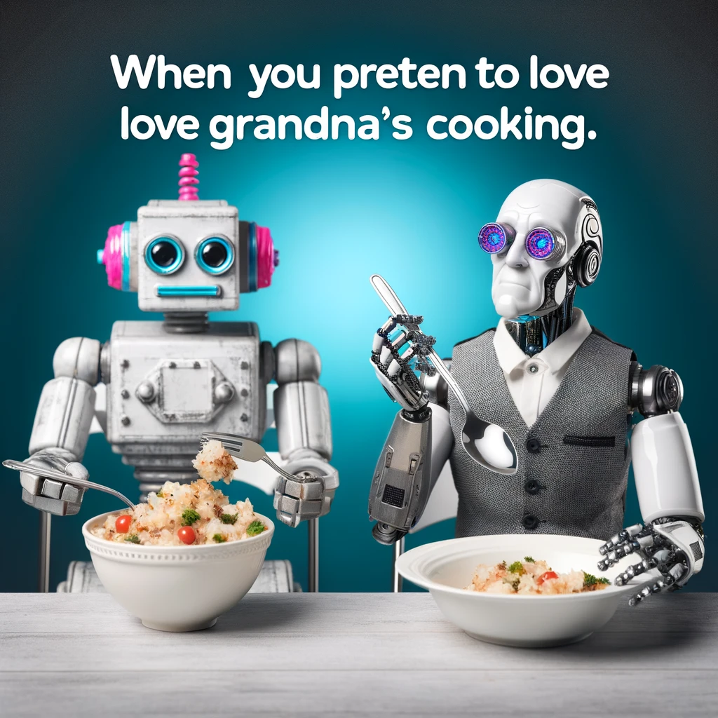 An amusing image of a robot sitting at a kitchen table, pretending to eat with a spoon and plate in front of it, while another robot looks on in confusion. The caption reads: "When you pretend to love grandma's cooking."
