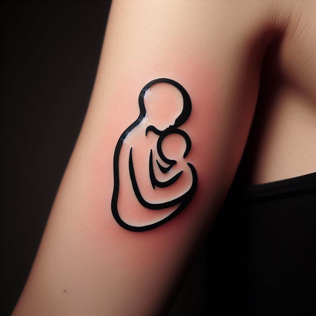 A simple yet powerful silhouette tattoo of a mother embracing her child, positioned on the inner bicep. This minimalist design captures the essence of motherhood—love, comfort, and protection. The silhouette is stark against the skin, outlined in smooth, black ink, making a bold statement about the bond between a mother and her child, easily hidden or shown as a personal reminder of familial love.