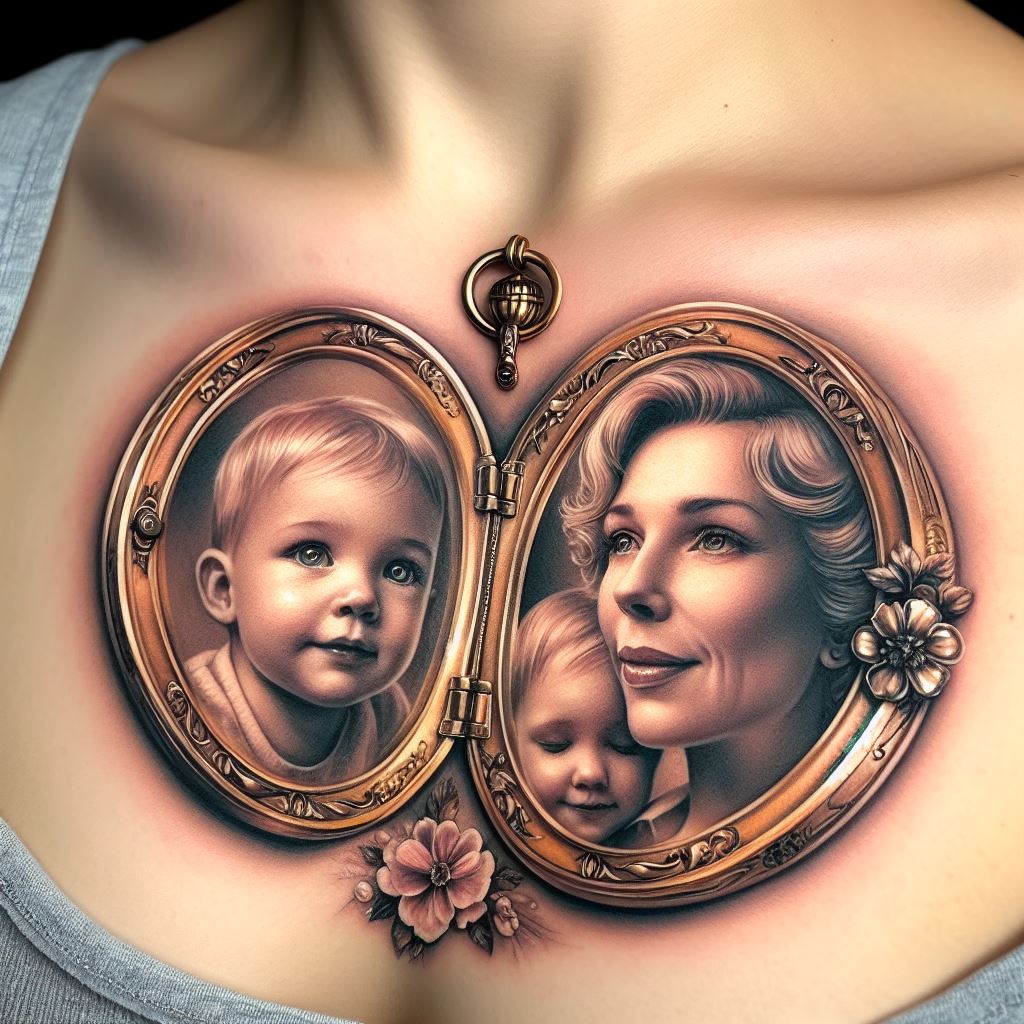 A tattoo mimicking an open vintage locket, located on the chest near the heart, with portraits of a mother on one side and her child(ren) on the other. This tattoo symbolizes the unbreakable bond and love, keeping them close to the heart always. The locket is detailed with floral engravings and rendered in soft shades of gold and silver, while the portraits inside are delicate and lifelike, capturing the essence of the family connection.