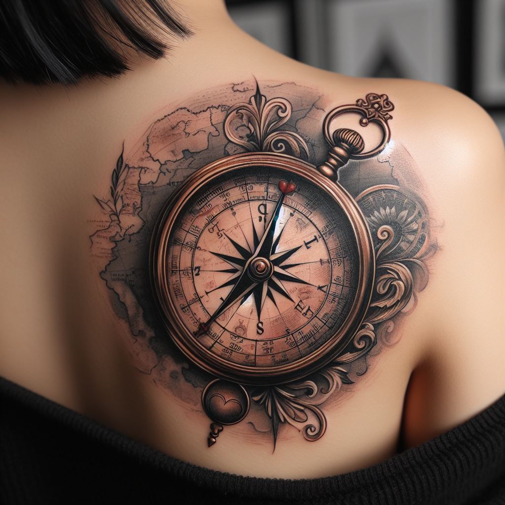 A detailed tattoo that combines a vintage compass with a background map, symbolizing a mother's role as a guide and protector through life's journey. This tattoo is positioned on the shoulder blade, suggesting strength and direction. The compass is intricately designed with ornate details, and the map features soft, faded lines, with a heart marking the 'home' location, all in a palette of black, gray, and hints of gold for a touch of warmth.