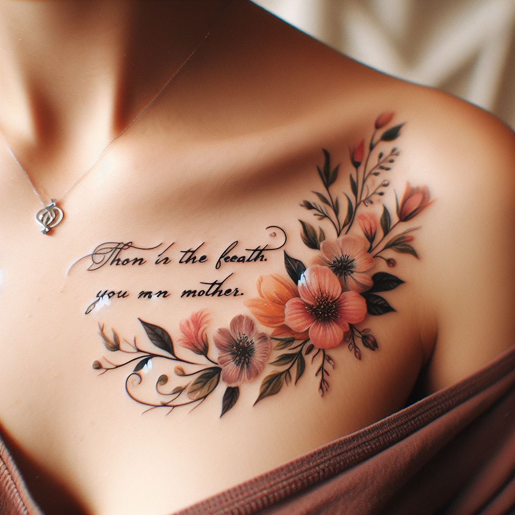 A tattoo that features an inspirational quote from a mother, surrounded by a delicate floral border. The quote is in elegant script font, chosen for its significance and comfort, placed along the collarbone for visibility and closeness to the heart. The flowers are a mix of species that hold personal meaning, rendered in soft colors to complement the text, creating a harmonious and sentimental piece.