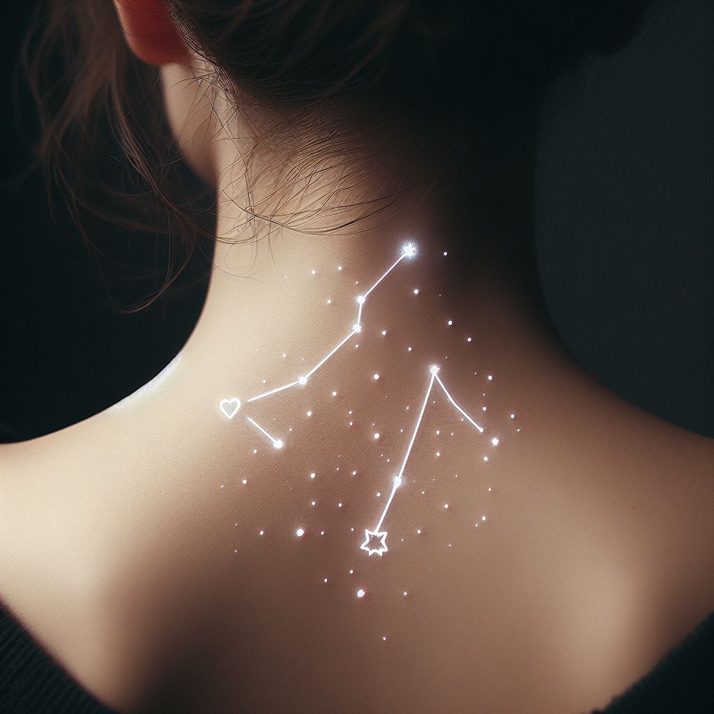 A minimalist tattoo depicting a constellation that represents the mother's zodiac sign, located on the back of the neck. This tattoo symbolizes guidance, as constellations have been used for navigation, and the unique traits of the mother's zodiac. The stars are connected with fine lines, and the brightest star is marked with a small heart, all in luminous white ink on a dark background to mimic the night sky.