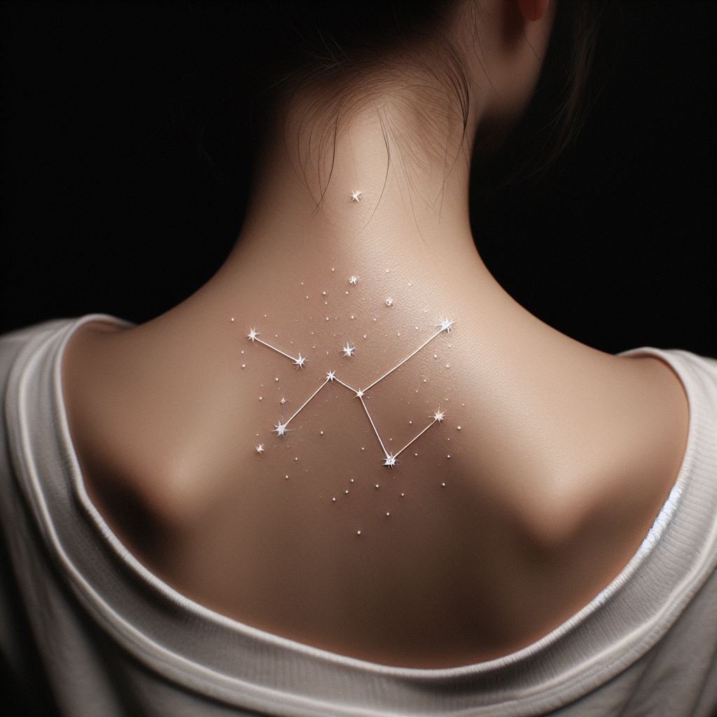 A minimalist tattoo depicting a constellation that represents the mother's zodiac sign, located on the back of the neck. This tattoo symbolizes guidance, as constellations have been used for navigation, and the unique traits of the mother's zodiac. The stars are connected with fine lines, and the brightest star is marked with a small heart, all in luminous white ink on a dark background to mimic the night sky.
