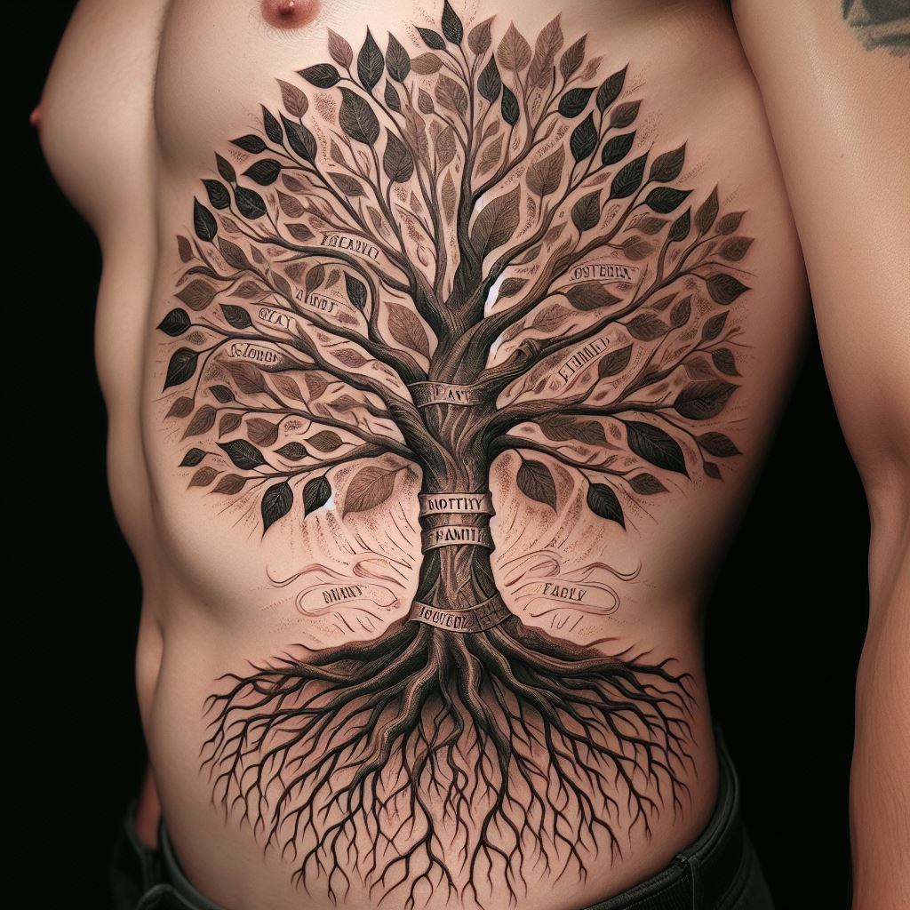 A family tree tattoo, with roots, trunk, and branches meticulously detailed, each branch representing a family member, and the mother at the base as the foundation. This tattoo, placed along the side torso, symbolizes the strength and support of family bonds. The names of family members are subtly integrated into the branches, and the tree is adorned with leaves and flowers, each type representing a different family trait, all rendered in natural, earthy tones.