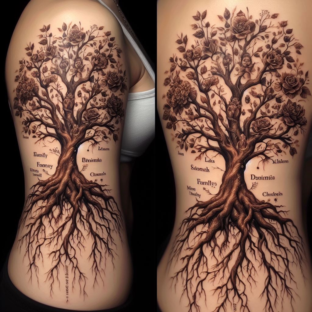 A family tree tattoo, with roots, trunk, and branches meticulously detailed, each branch representing a family member, and the mother at the base as the foundation. This tattoo, placed along the side torso, symbolizes the strength and support of family bonds. The names of family members are subtly integrated into the branches, and the tree is adorned with leaves and flowers, each type representing a different family trait, all rendered in natural, earthy tones.