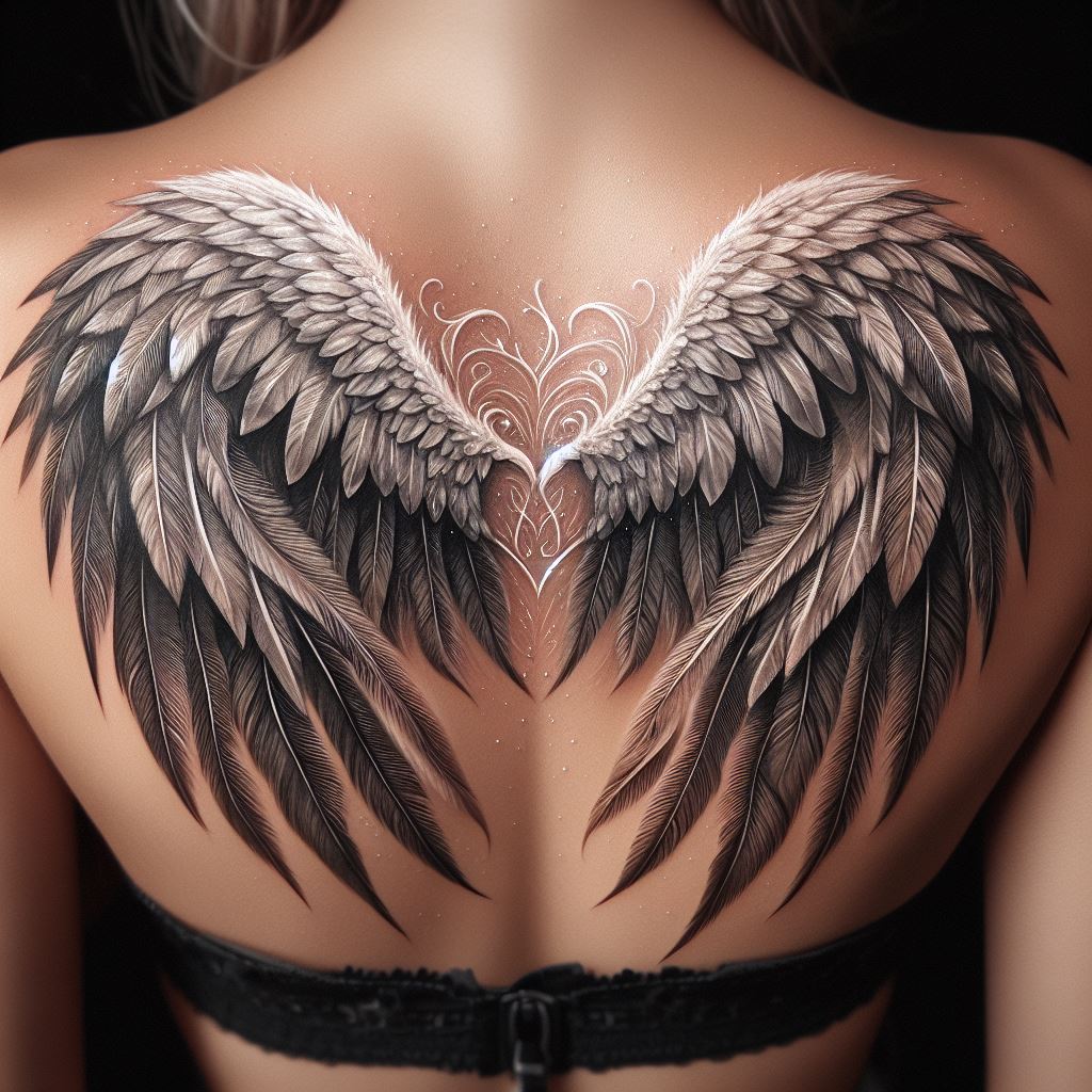 A majestic tattoo featuring a pair of angel wings spread out across the back, symbolizing a mother's protective and guiding spirit. The wings are detailed with feather textures, each feather crafted with care to convey softness and strength. The center of the wings has a subtle heart shape, emphasizing love and guardianship. The tattoo is in shades of white, black, and gray, with hints of silver for a celestial glow.