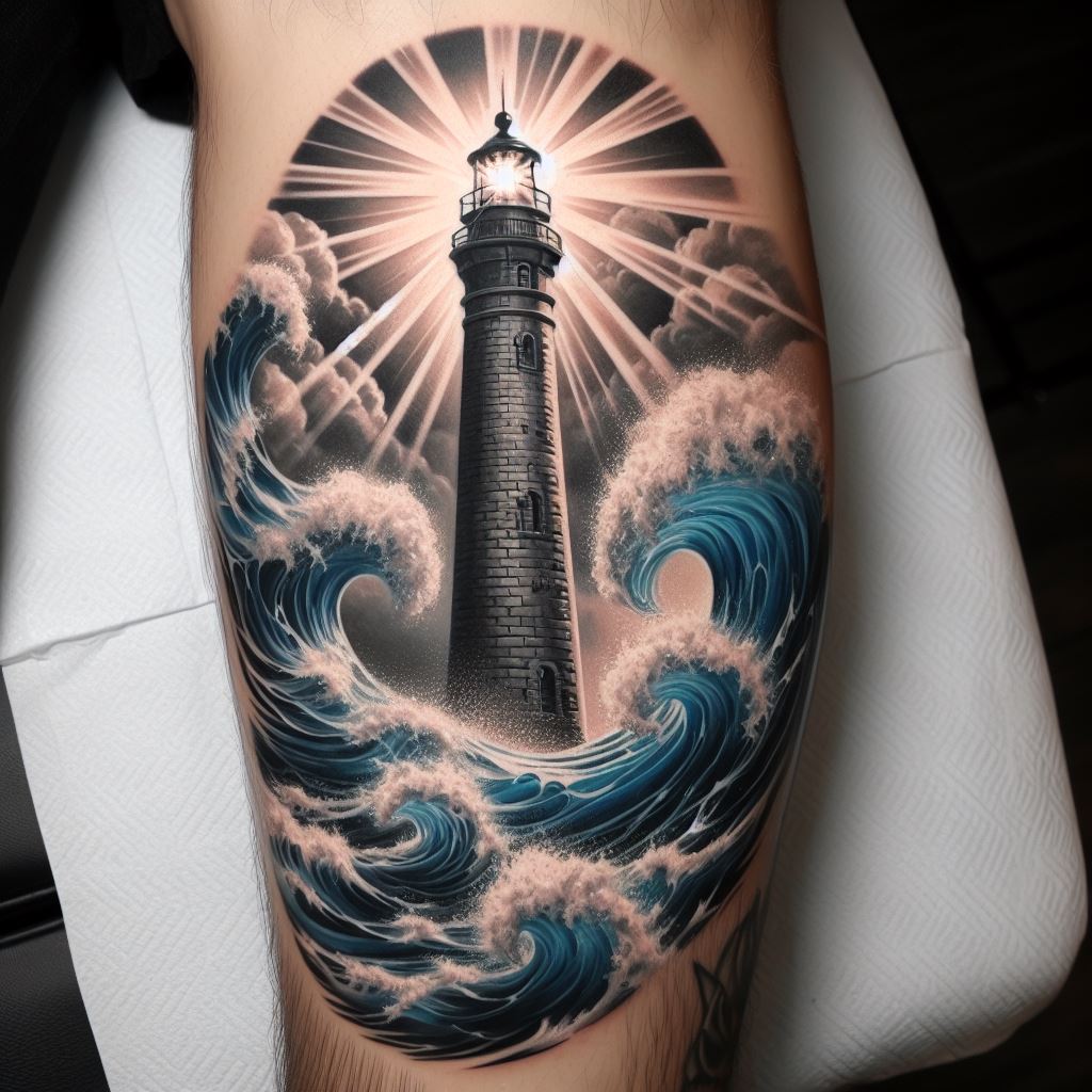 A tattoo that captures a lighthouse standing tall amidst crashing ocean waves, located on the calf, symbolizing a mother's role as a beacon of hope and safety. The lighthouse is detailed with bricks and a shining light at the top, while the waves are rendered with dynamic movement and depth. This design reflects the idea of guidance through life's storms, with the tattoo in vibrant blues, whites, and grays, creating a powerful and emotional scene.