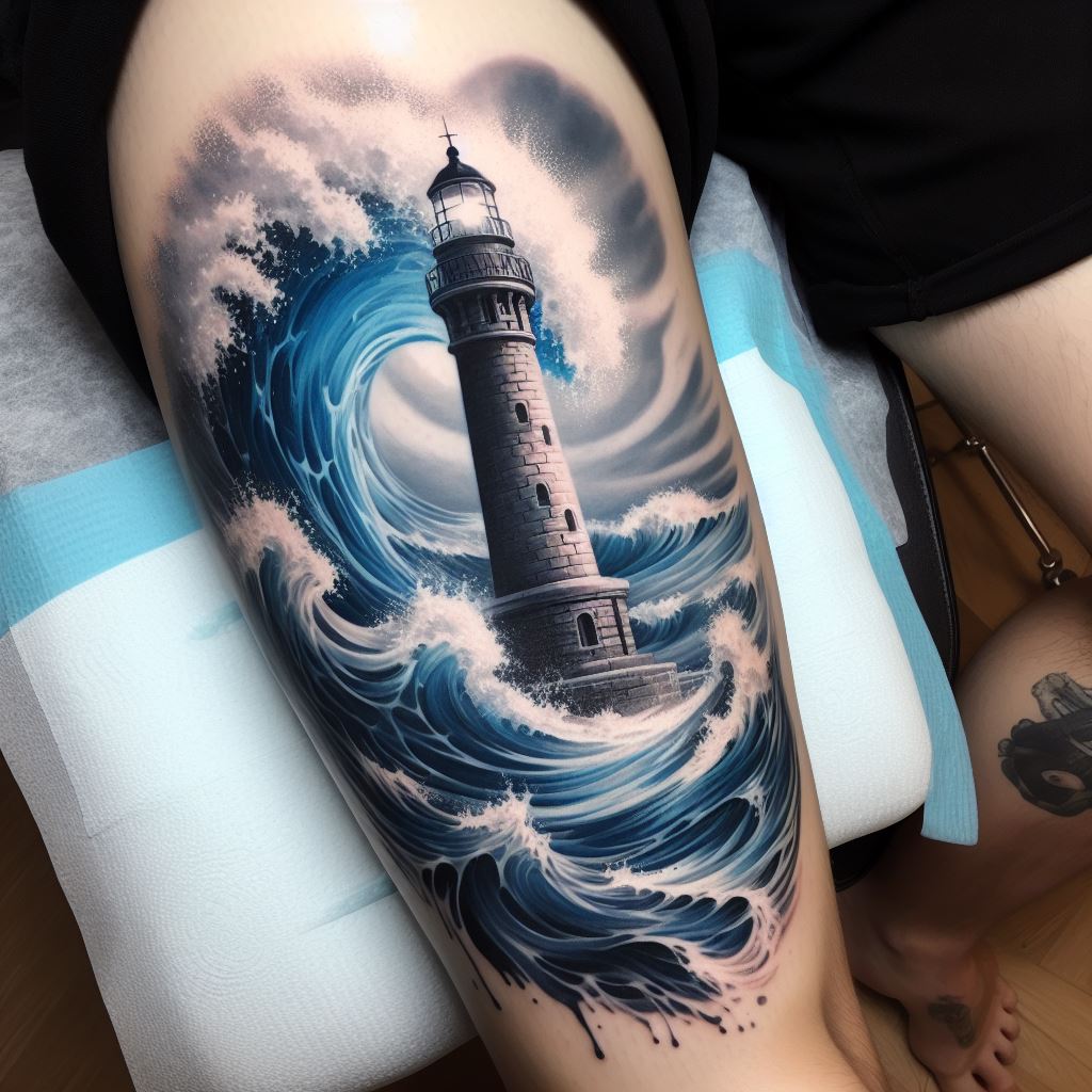 A tattoo that captures a lighthouse standing tall amidst crashing ocean waves, located on the calf, symbolizing a mother's role as a beacon of hope and safety. The lighthouse is detailed with bricks and a shining light at the top, while the waves are rendered with dynamic movement and depth. This design reflects the idea of guidance through life's storms, with the tattoo in vibrant blues, whites, and grays, creating a powerful and emotional scene.