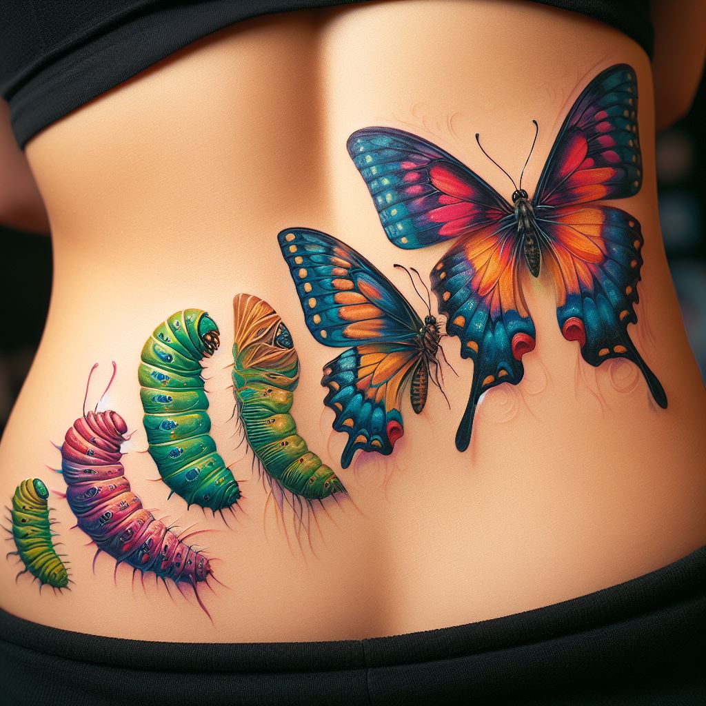 A vibrant tattoo showcasing a series of butterflies in different stages of transformation, from caterpillar to chrysalis to butterfly, located on the lower back. This design symbolizes growth, change, and the beauty of motherhood's journey. Each stage is detailed and colorful, capturing the essence of transformation with realism, and the final butterfly is the largest and most detailed, with wings spread wide in a spectrum of colors.