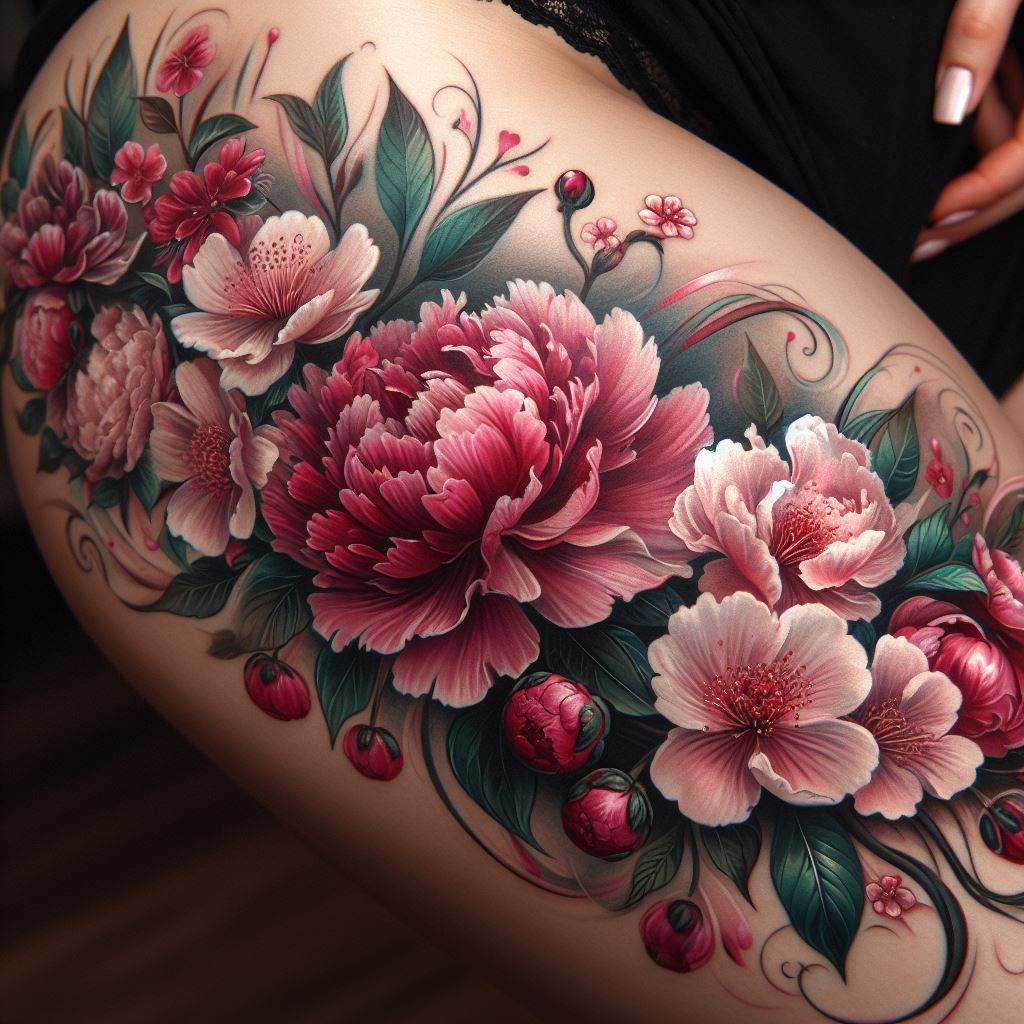 A tattoo that combines lush peonies and delicate cherry blossoms, symbolizing beauty, resilience, and the transient nature of life, much like a mother's enduring love and strength. This tattoo sprawls elegantly across the thigh, with flowers in full bloom and buds, indicating new beginnings and the cycle of life. The colors are vibrant, with shades of pink, red, and green, creating a lush and feminine design that wraps gracefully around the leg.