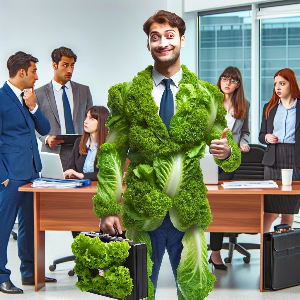 A weird stock photo of a person wearing a business suit made entirely out of fresh lettuce leaves, standing in an office setting, holding a briefcase that also seems to be made out of vegetables. The person is giving a confident thumbs-up, surrounded by colleagues who are dressed in regular business attire, looking both confused and intrigued.