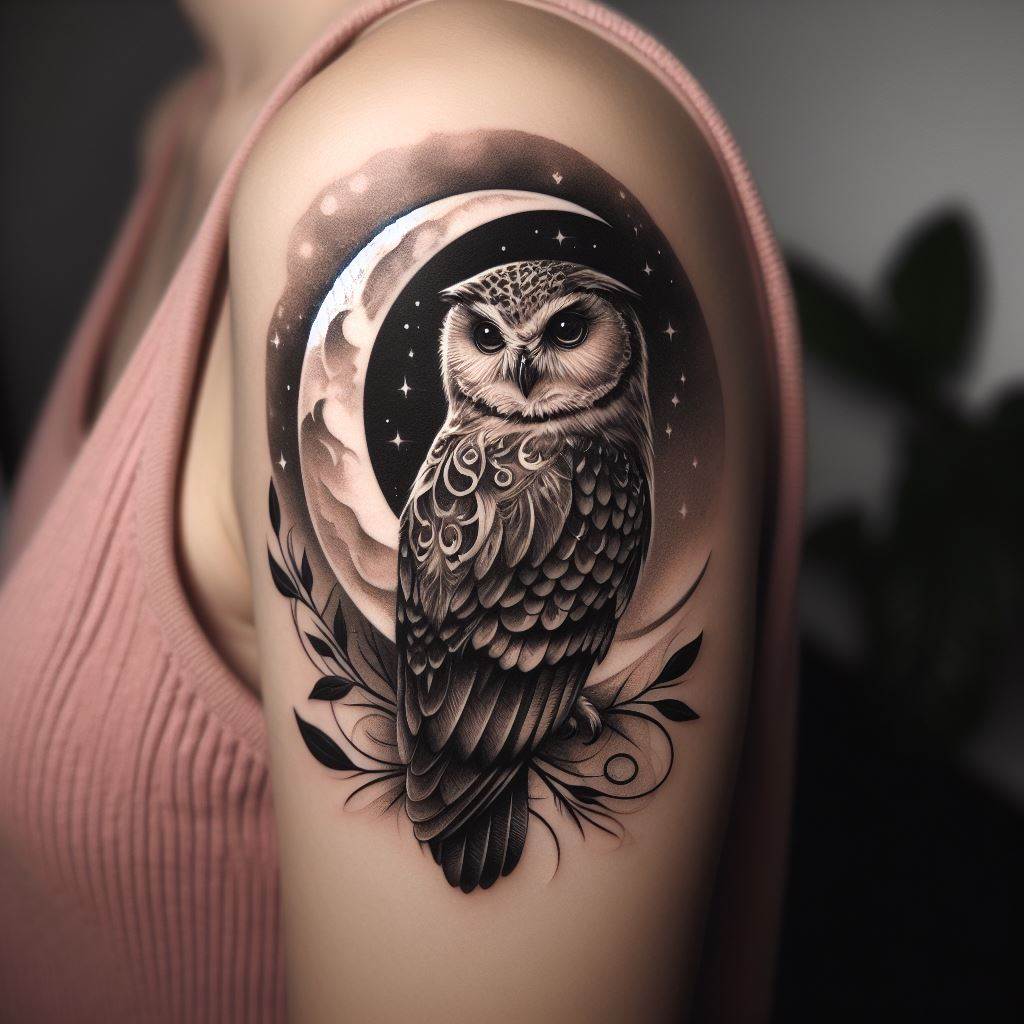 A tattoo featuring an owl perched on a crescent moon, located on the upper arm. This design symbolizes wisdom, protection, and the nurturing guidance of a mother through the darkness. The owl is depicted with intricate feather details and wise, knowing eyes, while the moon glows softly in the background. The tattoo is in shades of black, gray, and white, adding a mystical and serene quality to the design.