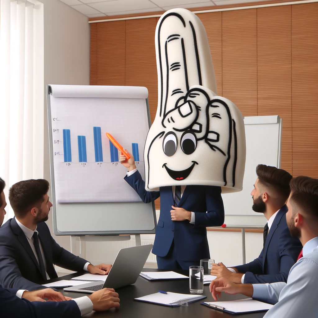 A weird stock photo of a person wearing a giant foam finger, not for sports, but in a professional business meeting. The person is pointing at a flip chart with serious expressions from everyone in the room. They're dressed in formal wear, contrasting with the oversized, cartoonish foam finger, which adds a surreal touch to the serious business atmosphere.