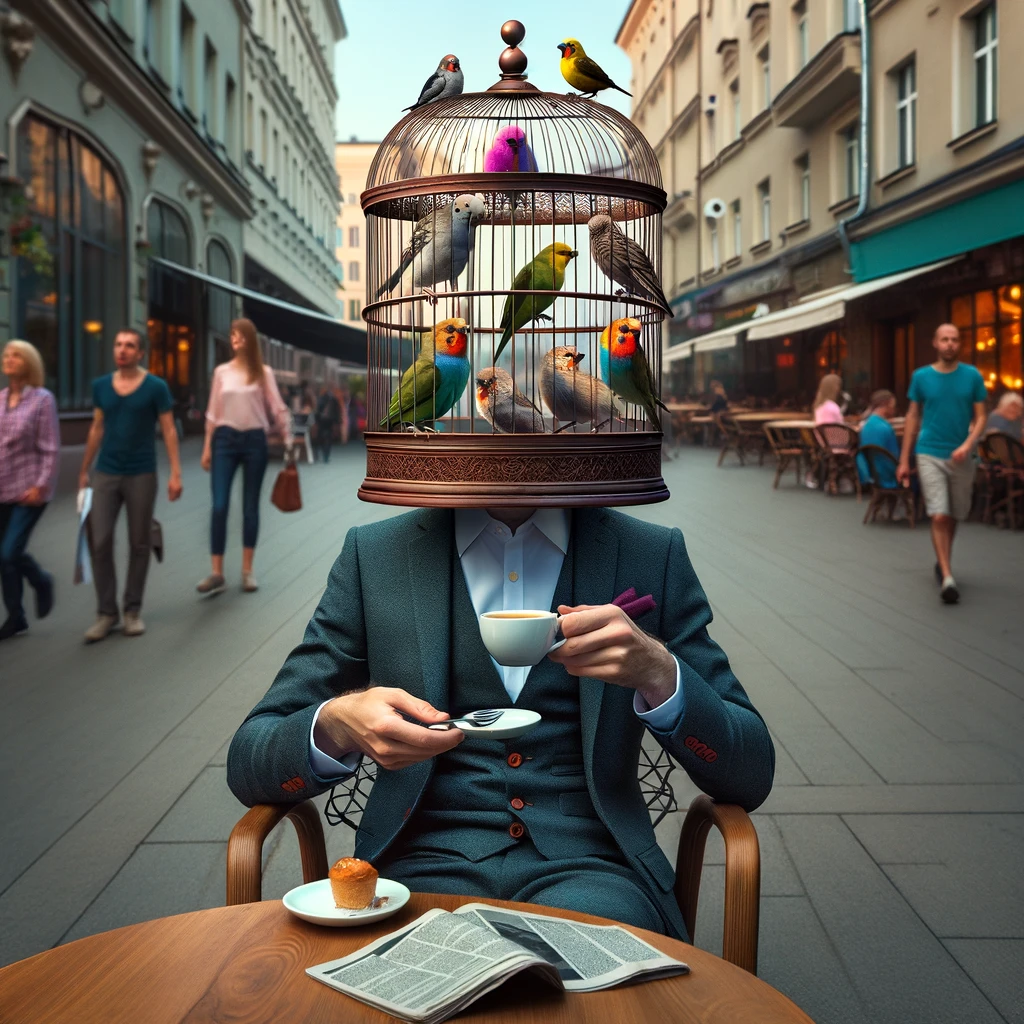 A weird stock photo of a person with a birdcage for a head, sitting calmly at a cafe table. Inside the birdcage, a few small, colorful birds are perched, tweeting away. The person is dressed casually, sipping coffee from a cup with one hand, while the other hand holds a newspaper. The surrounding environment is a busy urban street, with people walking by, giving curious glances but otherwise not reacting too strongly.