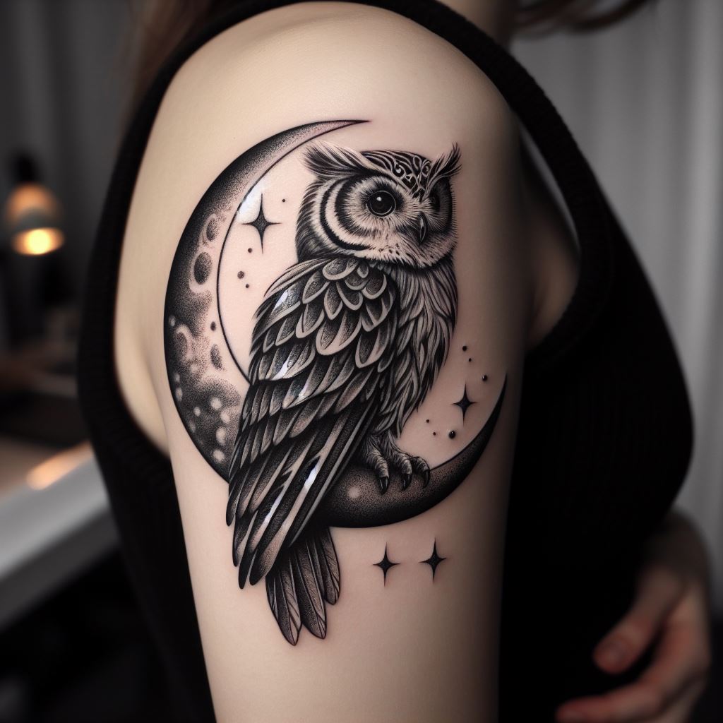 A tattoo featuring an owl perched on a crescent moon, located on the upper arm. This design symbolizes wisdom, protection, and the nurturing guidance of a mother through the darkness. The owl is depicted with intricate feather details and wise, knowing eyes, while the moon glows softly in the background. The tattoo is in shades of black, gray, and white, adding a mystical and serene quality to the design.