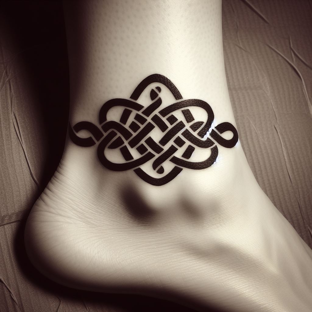 A Celtic knot tattoo, symbolizing the unbreakable bond and eternal love between a mother and her children. The knot is intricate, with no beginning and no end, wrapped around the ankle like a bracelet. This design is executed in black ink, showcasing the complexity and beauty of the knotwork, representing unity and the interconnectedness of family life.