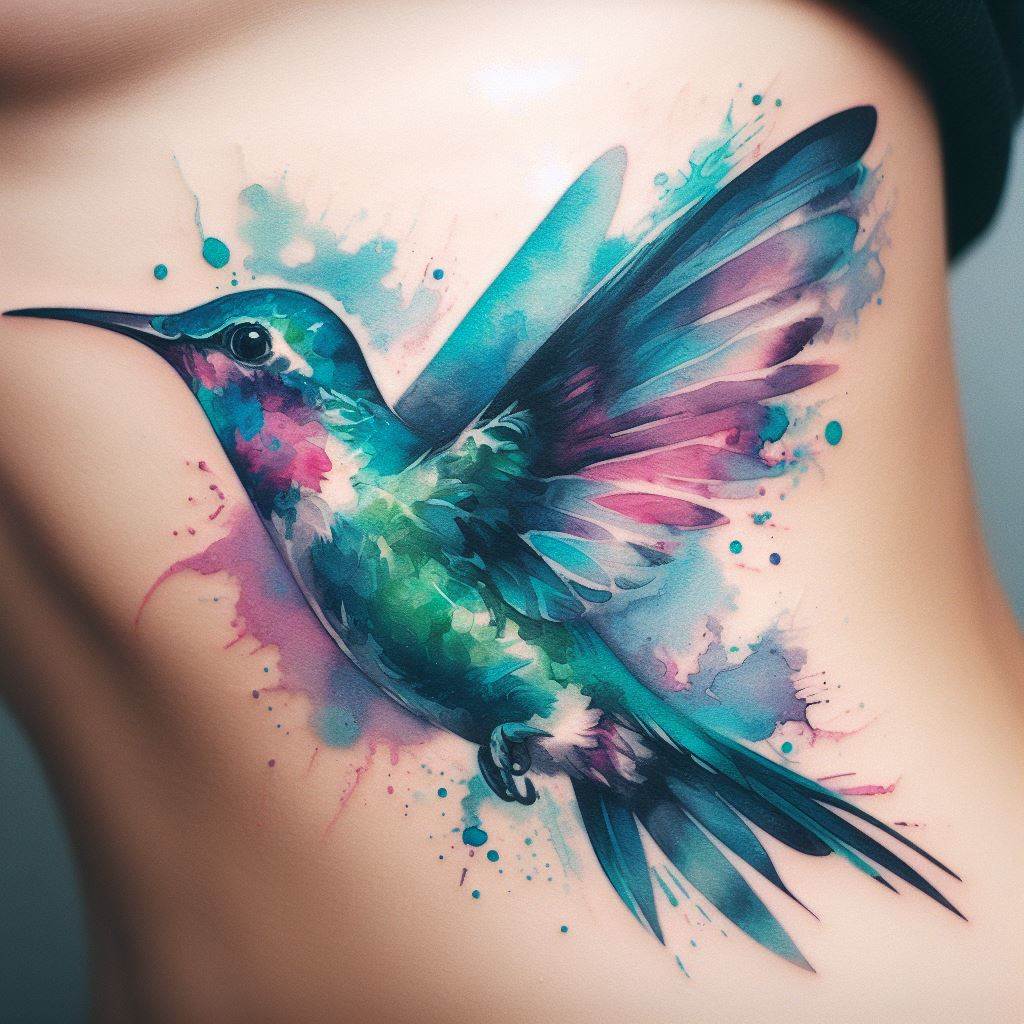A tattoo of a hummingbird in mid-flight, its wings a blur of motion, rendered in a vibrant watercolor style on the ribcage. This tattoo symbolizes joy, energy, and the tireless effort of motherhood. The colors blend seamlessly, with blues, greens, pinks, and purples creating a lively and dynamic image. The watercolor effect gives the tattoo a soft, ethereal quality, as if the hummingbird could flutter away at any moment.