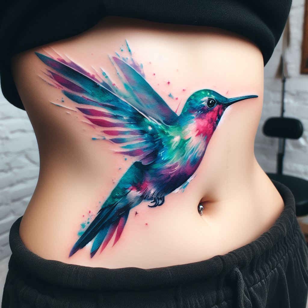 A tattoo of a hummingbird in mid-flight, its wings a blur of motion, rendered in a vibrant watercolor style on the ribcage. This tattoo symbolizes joy, energy, and the tireless effort of motherhood. The colors blend seamlessly, with blues, greens, pinks, and purples creating a lively and dynamic image. The watercolor effect gives the tattoo a soft, ethereal quality, as if the hummingbird could flutter away at any moment.