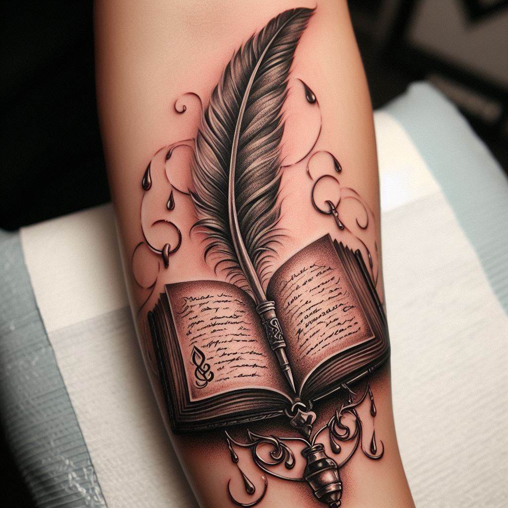A tattoo that features an open book with a quill poised above it, located on the forearm. This design represents a mother's role in authoring the story of her children's lives and guiding them through their chapters. The book is open to a page with a loving message or a significant date, while the quill drips with ink, ready to write. The tattoo is detailed and realistic, with the book and quill symbolizing the power of words and the legacy of a mother's influence.