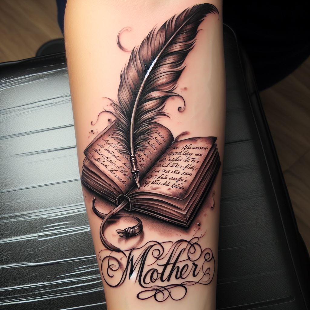 A tattoo that features an open book with a quill poised above it, located on the forearm. This design represents a mother's role in authoring the story of her children's lives and guiding them through their chapters. The book is open to a page with a loving message or a significant date, while the quill drips with ink, ready to write. The tattoo is detailed and realistic, with the book and quill symbolizing the power of words and the legacy of a mother's influence.